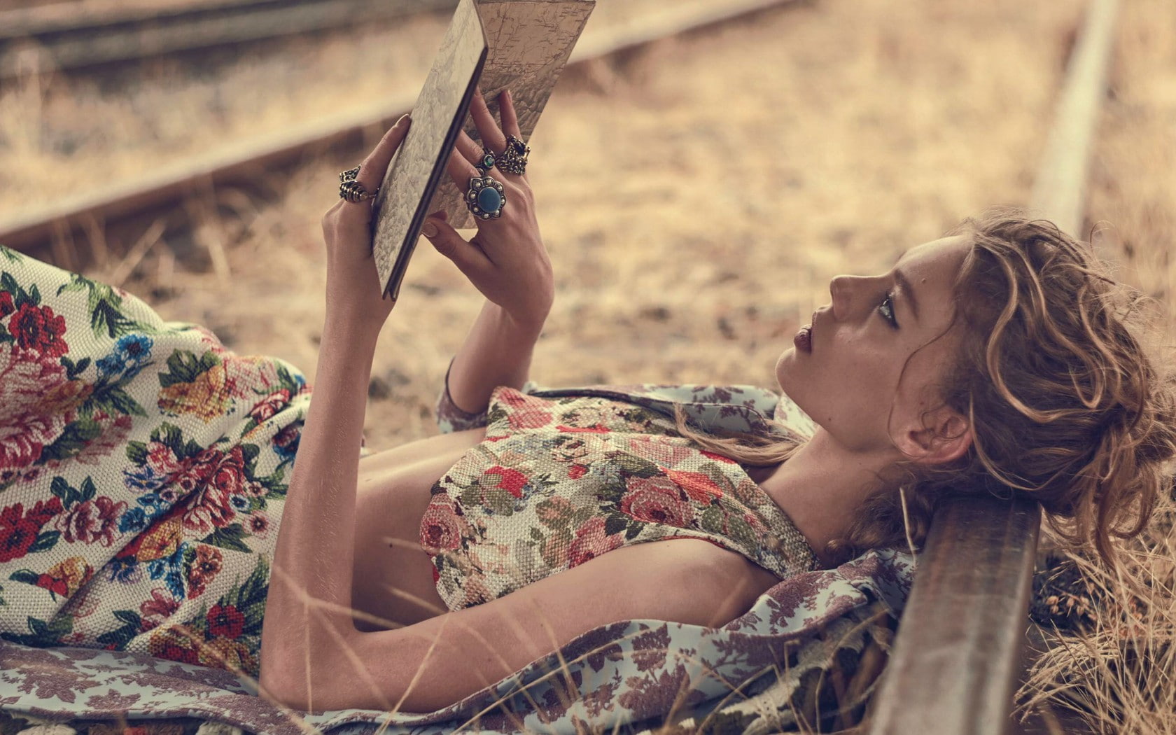railway, model, map, blonde, grass, rings, depth of field, profile, long hair, floral, nature, women, women outdoors, reading, 720P, books, lying on back, HD Wallpaper