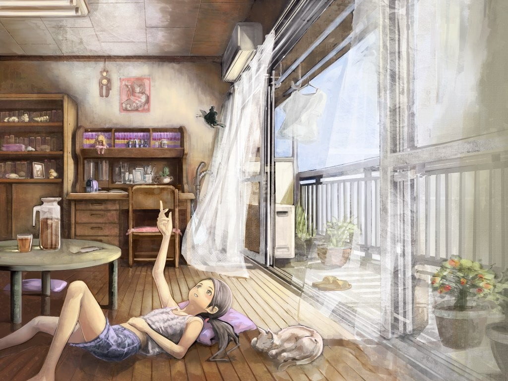 anime, window, lifestyles, leisure activity, relaxation, lying down, indoors, young adult, home interior, young women, one person, wood, domestic room, HD Wallpaper