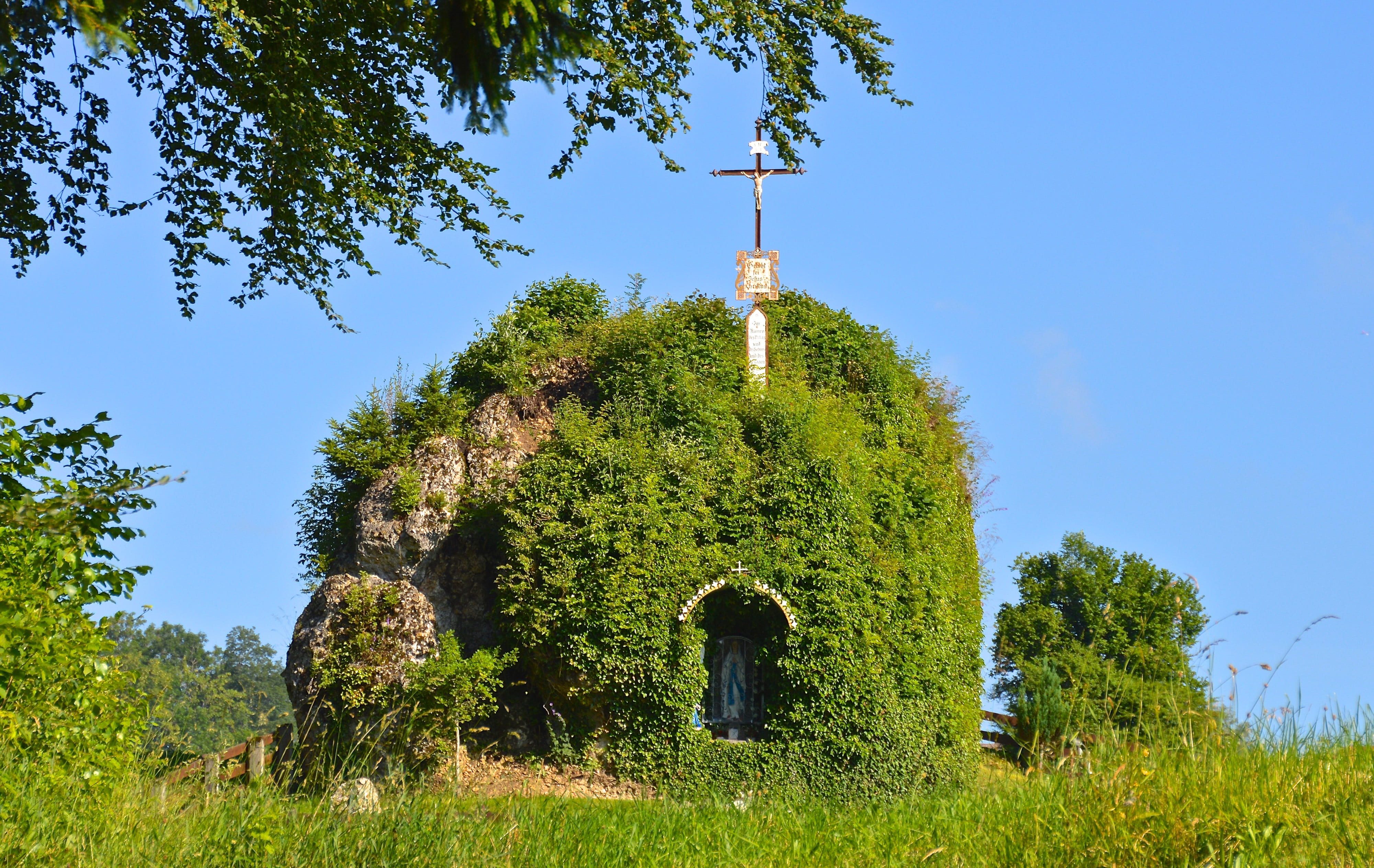 grave, tomb, top, leaves, crucifix, plant, tower, nature, overgrown, clear sky, 4K, memorial, landmark, dome, covered, religion, sunlight, green color, HD Wallpaper