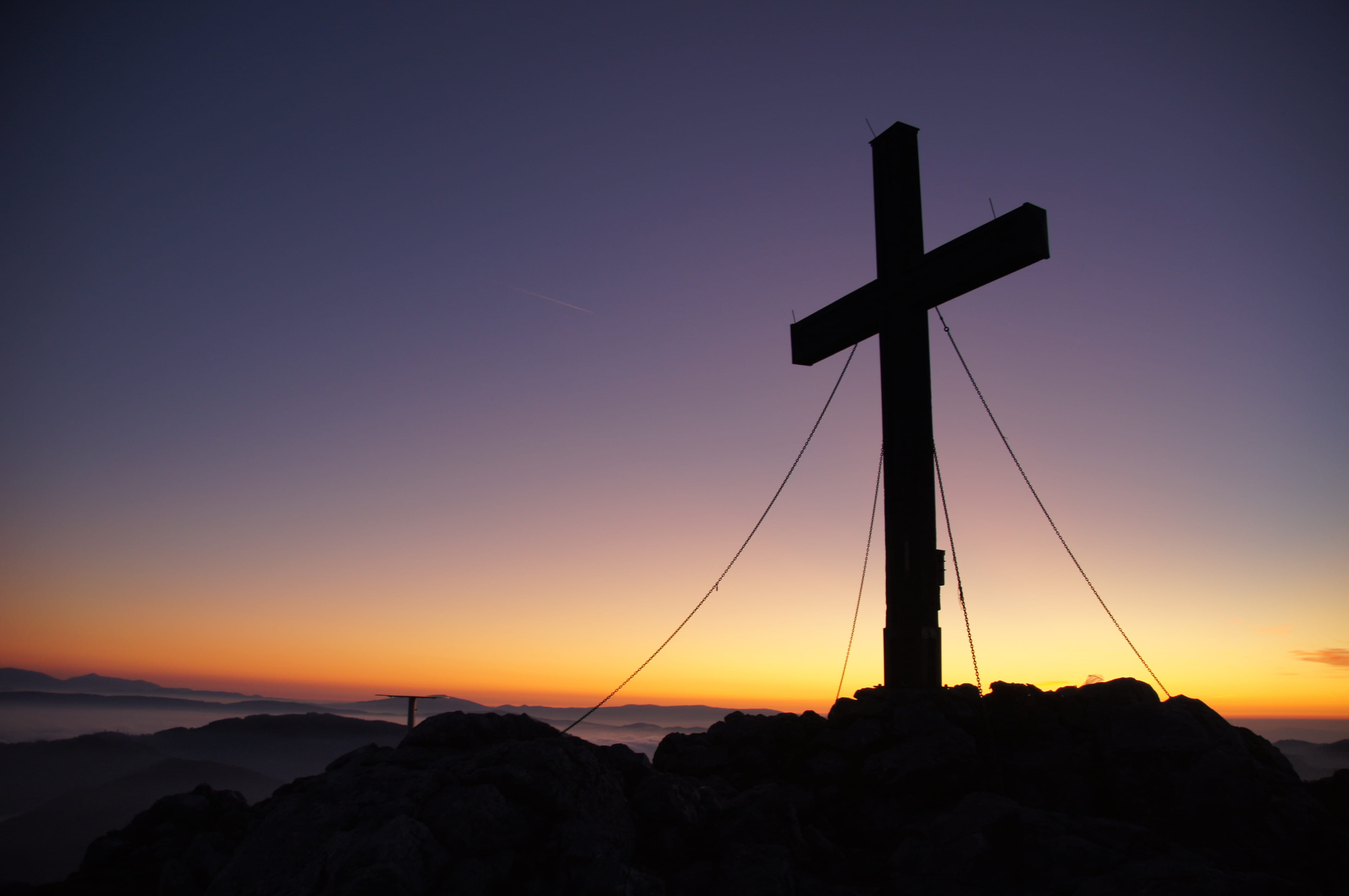 mountain peak, dawn, tranquility, summit, cross, purple, spirituality, beauty in nature, belief, scenics - nature, golden, hour, religion, tranquil scene, HD Wallpaper