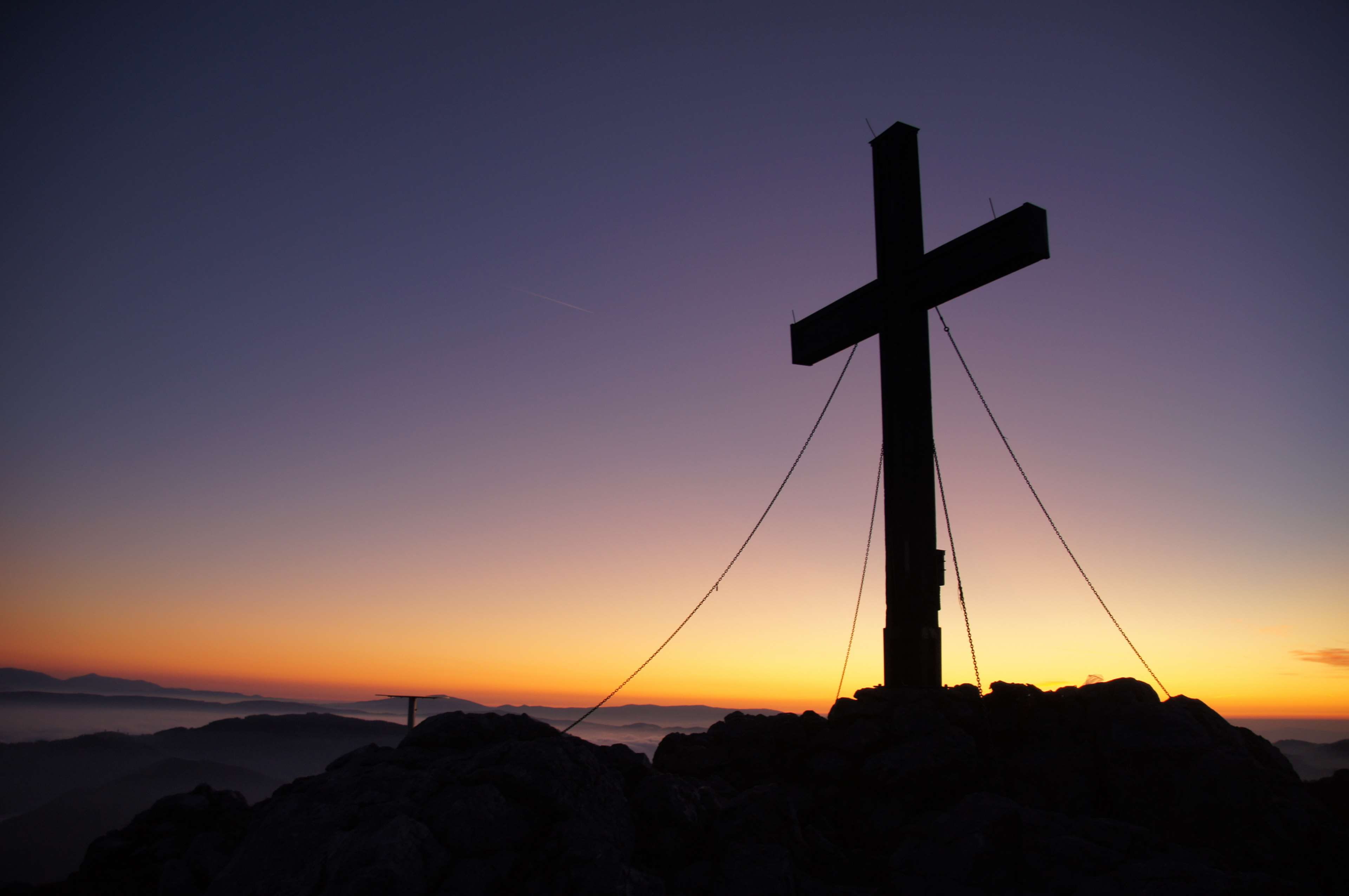 4K, orange color, romantic sky, mountain peak, environment, sunrise, scenics - nature, outdoors, sky, belief, summit cross, beauty in nature, tranquil scene, HD Wallpaper