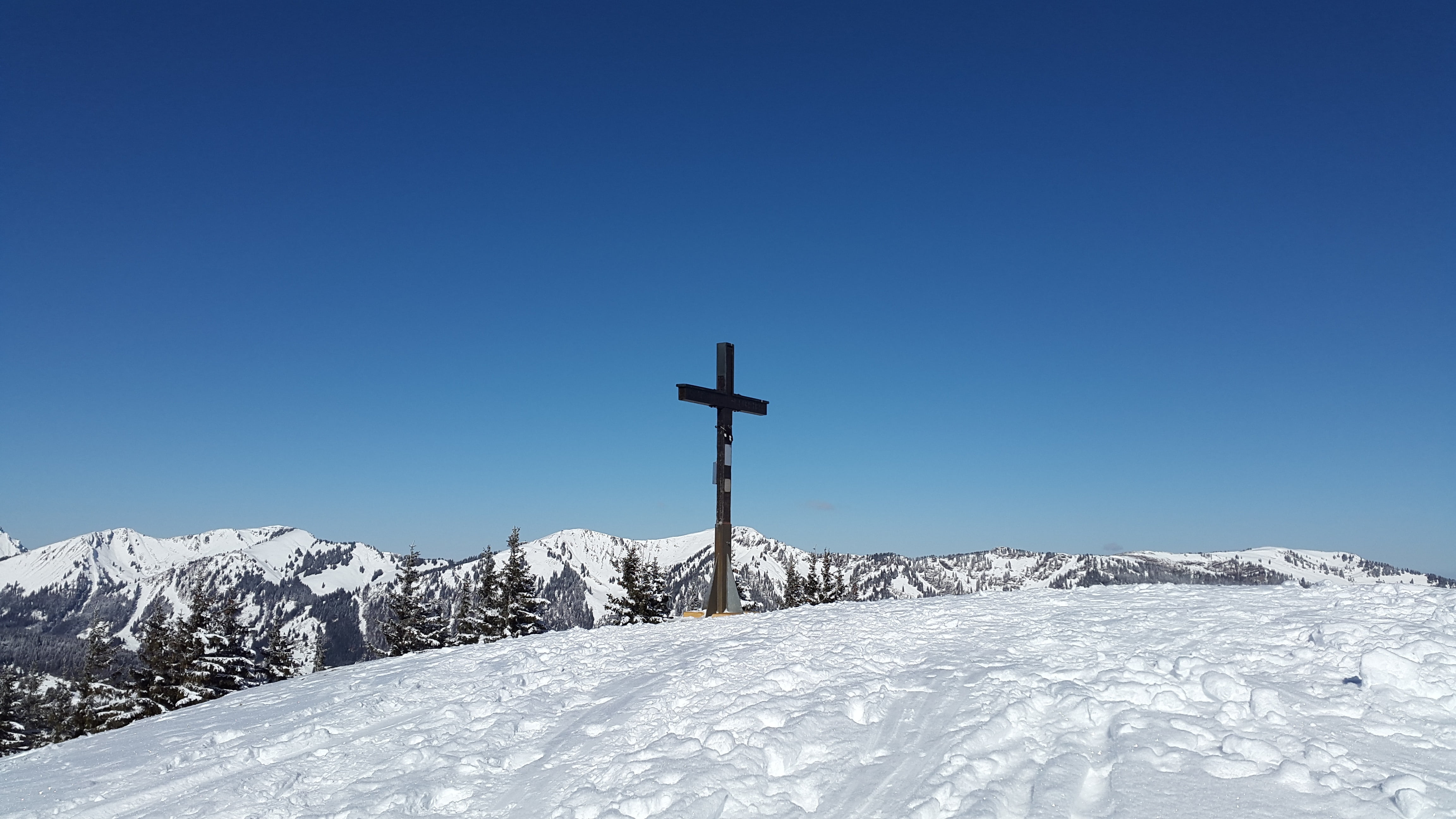 spirituality, symbol, landscape, cross, christianity, backcountry skiiing, mountain, cold temperature, mountain summit, sunny, clear sky, allgäu, 4K, cold, HD Wallpaper
