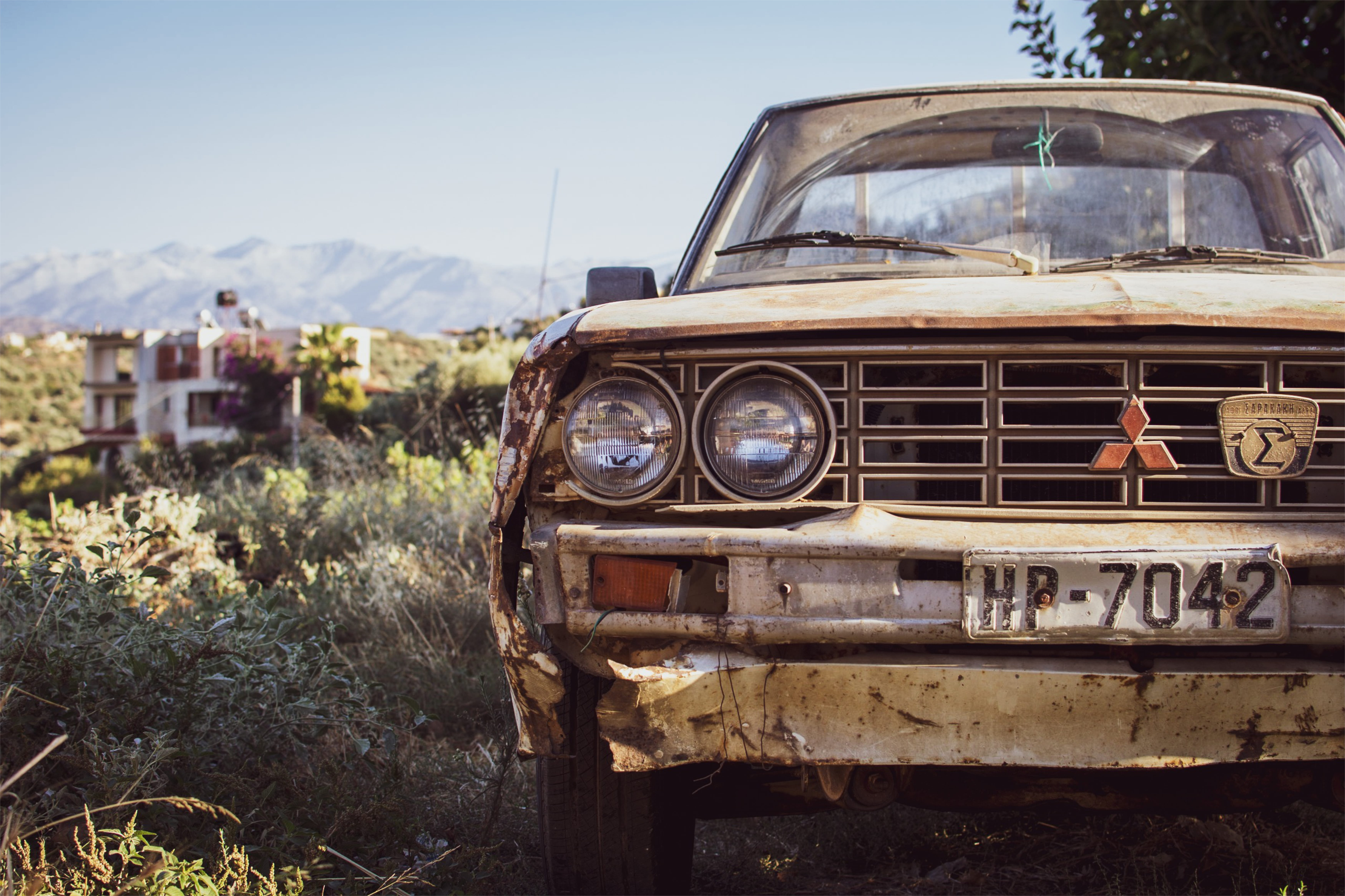 old car, clear sky, field, rusty, tire, damaged, wheel, offroad, ruined, automobile, mitsubishi, motor vehicle, vehicle, mitshubishi, nature, headlight, HD Wallpaper