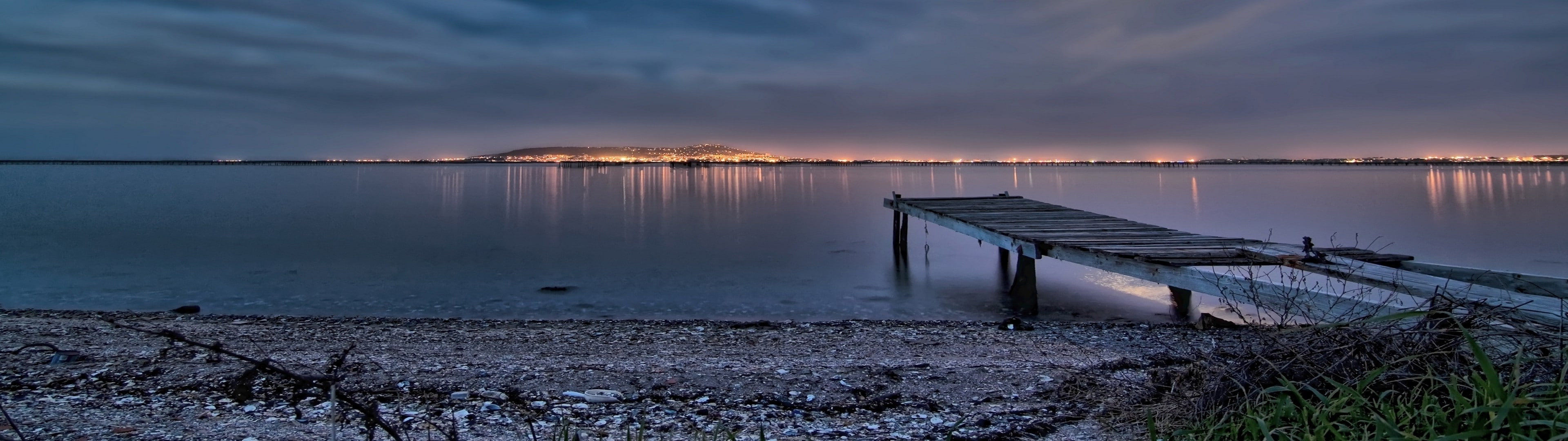 environment, sunset, pier, scenics - nature, 4K, tranquil scene, water, beach, lake, dusk, tranquility, dual screen, no people, reflection, sky, landscape, HD Wallpaper