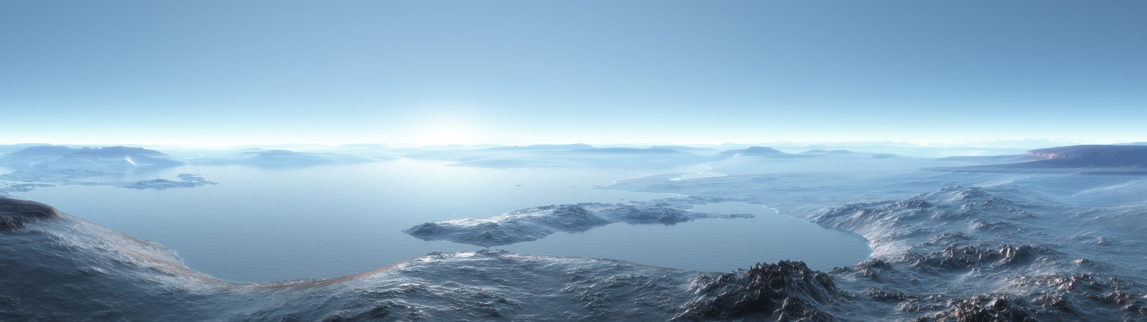 landscape, environment, land, mountain, outdoors, beauty in nature, blue, sky, wind, scenics - nature, fog, rock, water, dual screen, 4K, copy space, tranquility, HD Wallpaper
