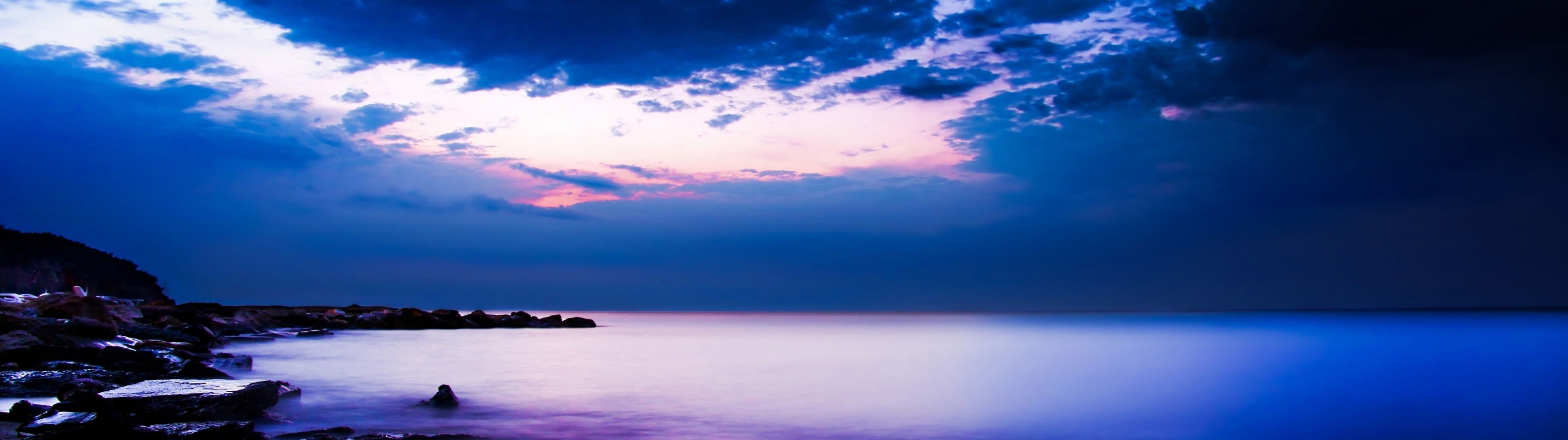 outdoors, cloudscape, landscape, beauty in nature, dusk, horizon over water, blue, 4K, tranquil scene, cloud - sky, land, nature, dramatic sky, horizon, HD Wallpaper