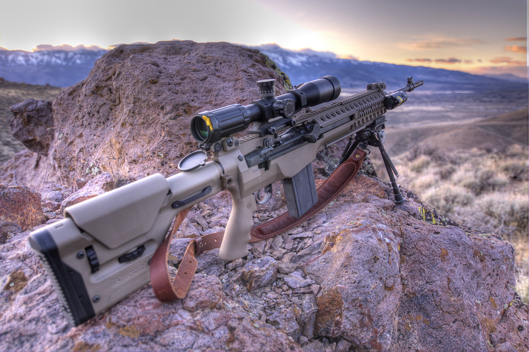 military, rock - object, M14, aggression, sunset, solid, rifle, security, weapon, MCS, gray, black, day, aiming, war, sky, nature, scope, 1080P, cloud - sky, HD Wallpaper