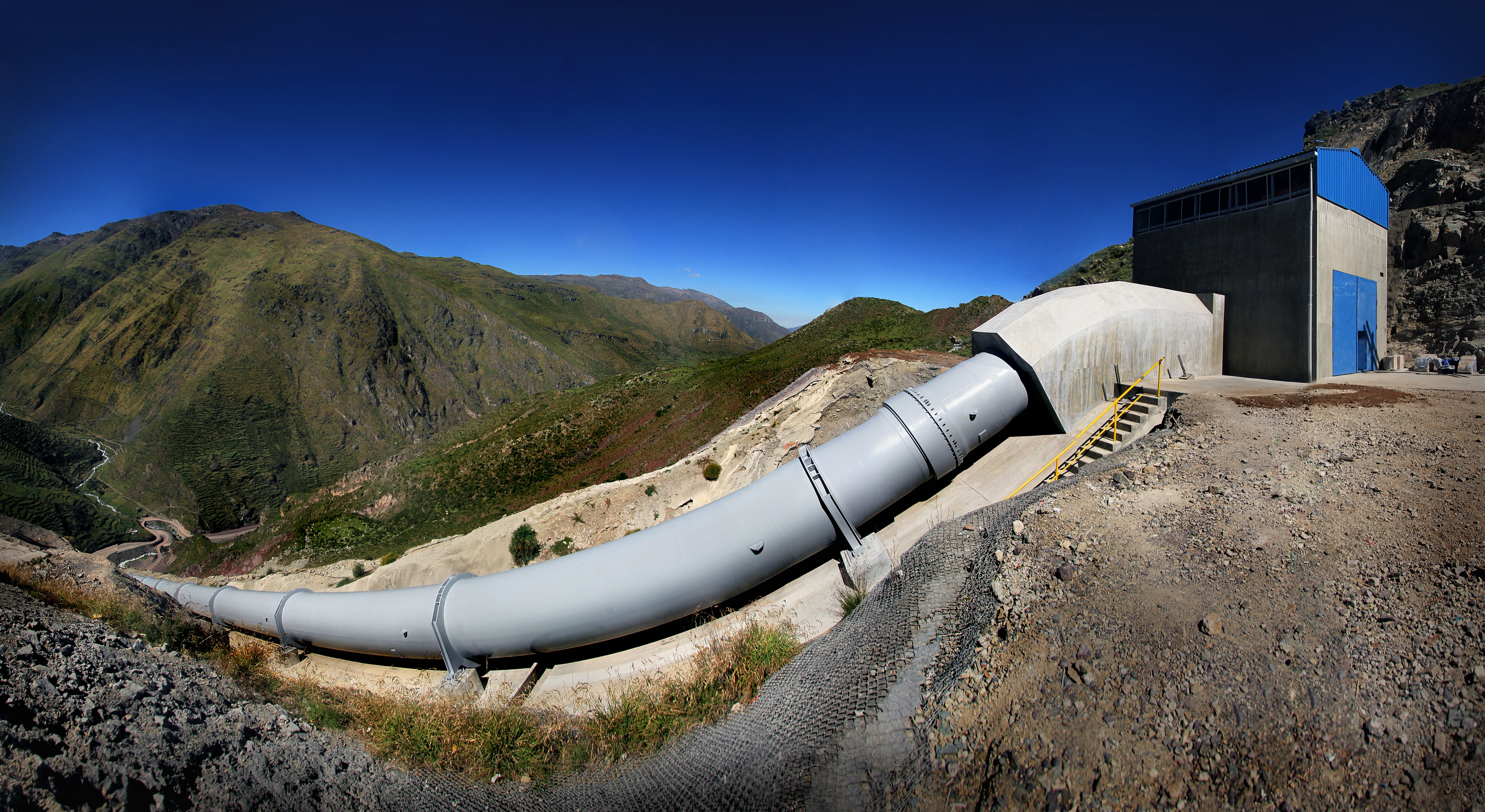 blue, mountain, outdoors, building exterior, water, architecture, pipeline, history, gate, sky, huanza, gray, environment, scenics - nature, 8K, water dam, HD Wallpaper