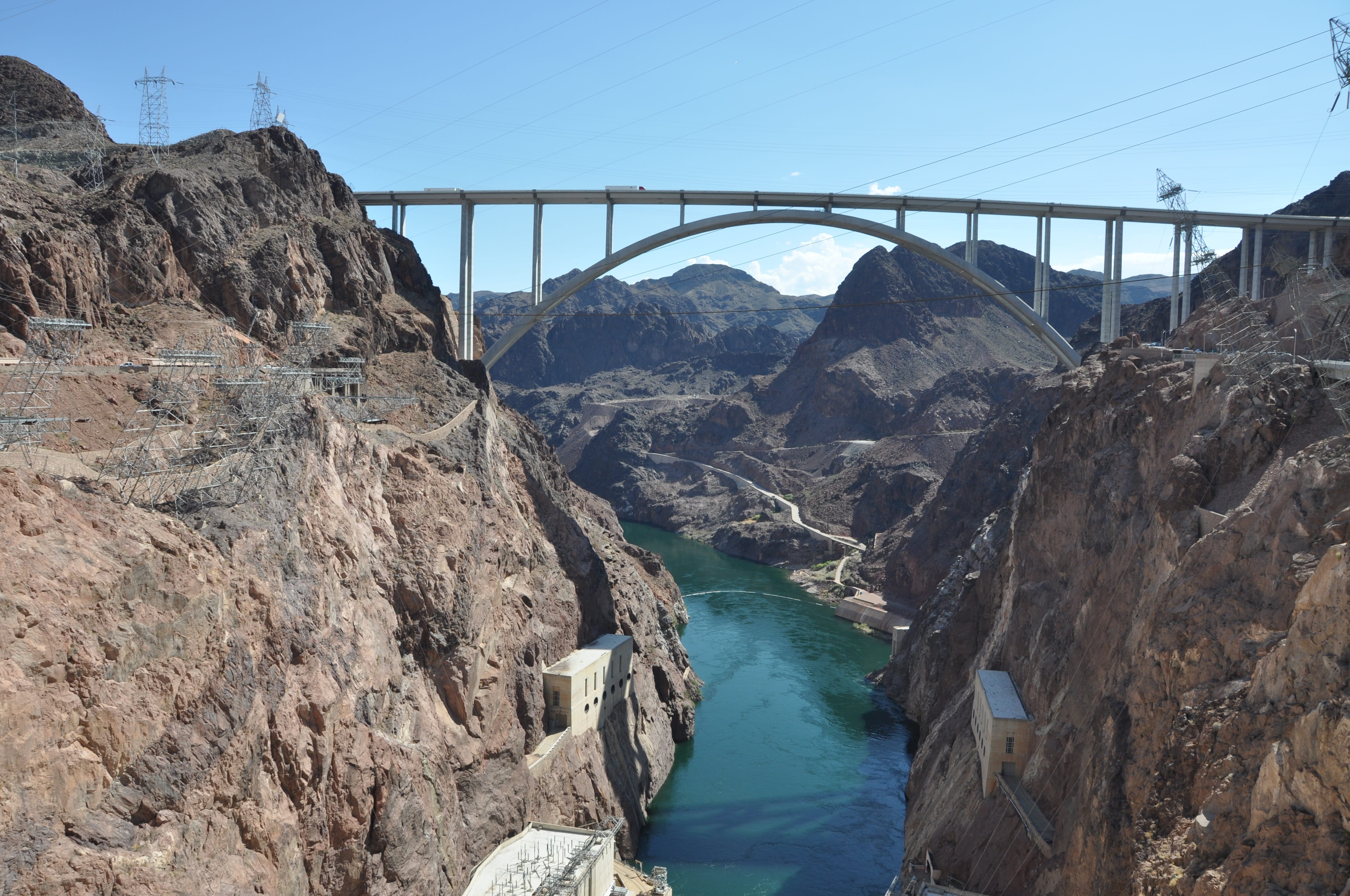 sky, outside, arizona, scenics - nature, rock, bridge - man made structure, electricity, nature, water, building, travel, summer, hydroelectric power, connection, HD Wallpaper