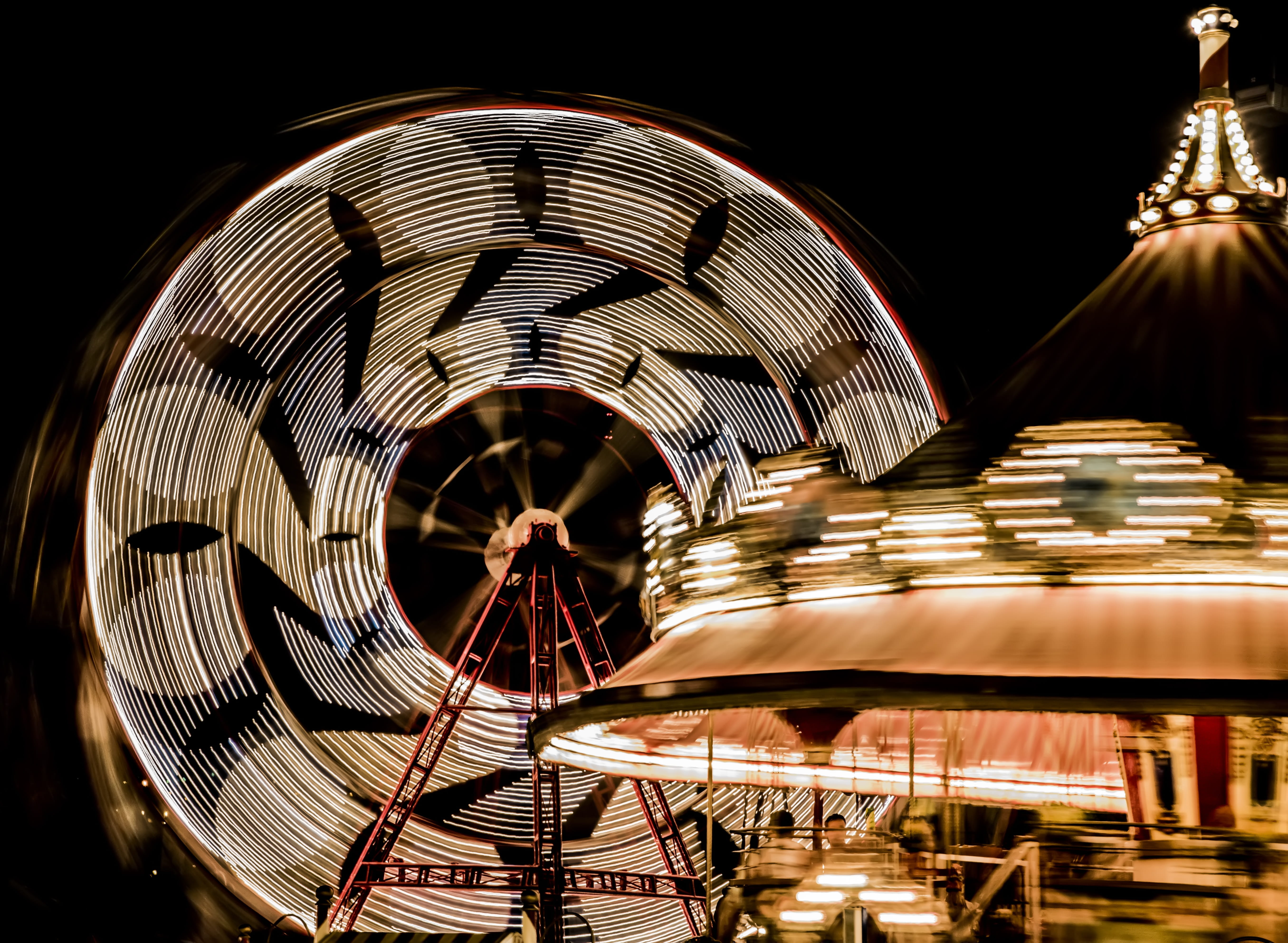 shape, long exposure, amusement park ride, low angle view, movement, ferris wheel, built structure, outdoors, architecture, wheel, arts culture and entertainment, HD Wallpaper
