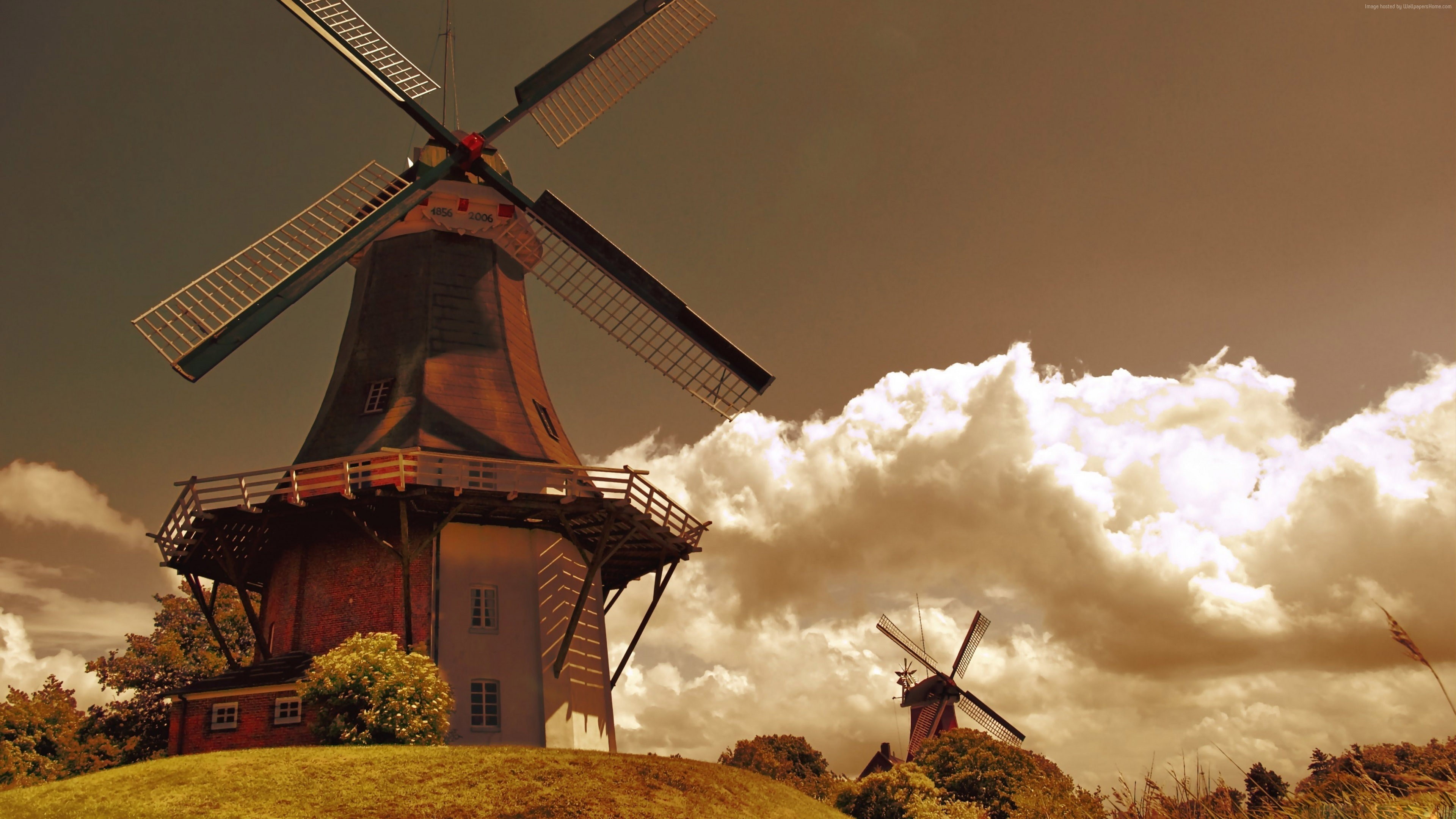 4k, wind, nature, Netherlands, 4K, clouds, Mill, sky, Holland, grass, field, HD Wallpaper