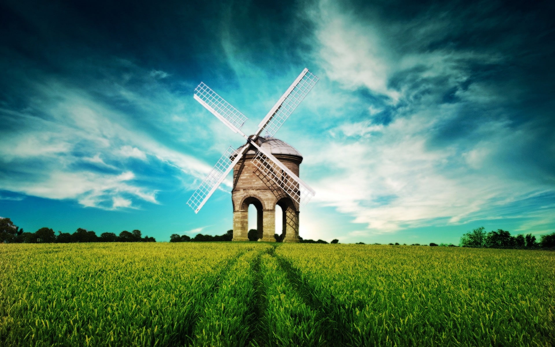 Windmill, 1080P, wind, Fields, Sky, Landscape, brown, mill, Blue, Fantasy, HD Wallpaper