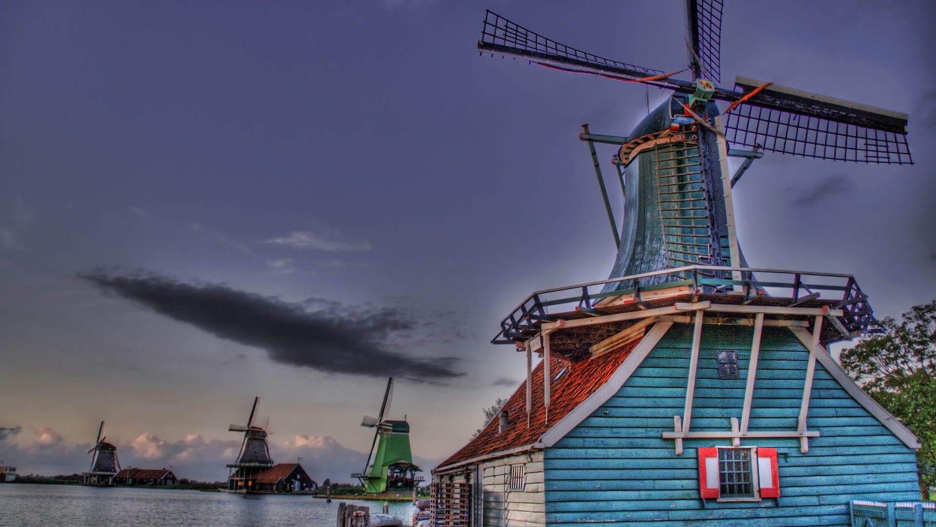 environment, built Structure, 1080P, blue, wind power, wind, machinery, buildings, industry, water, traditional windmill, architecture, turbine, evening, HD Wallpaper