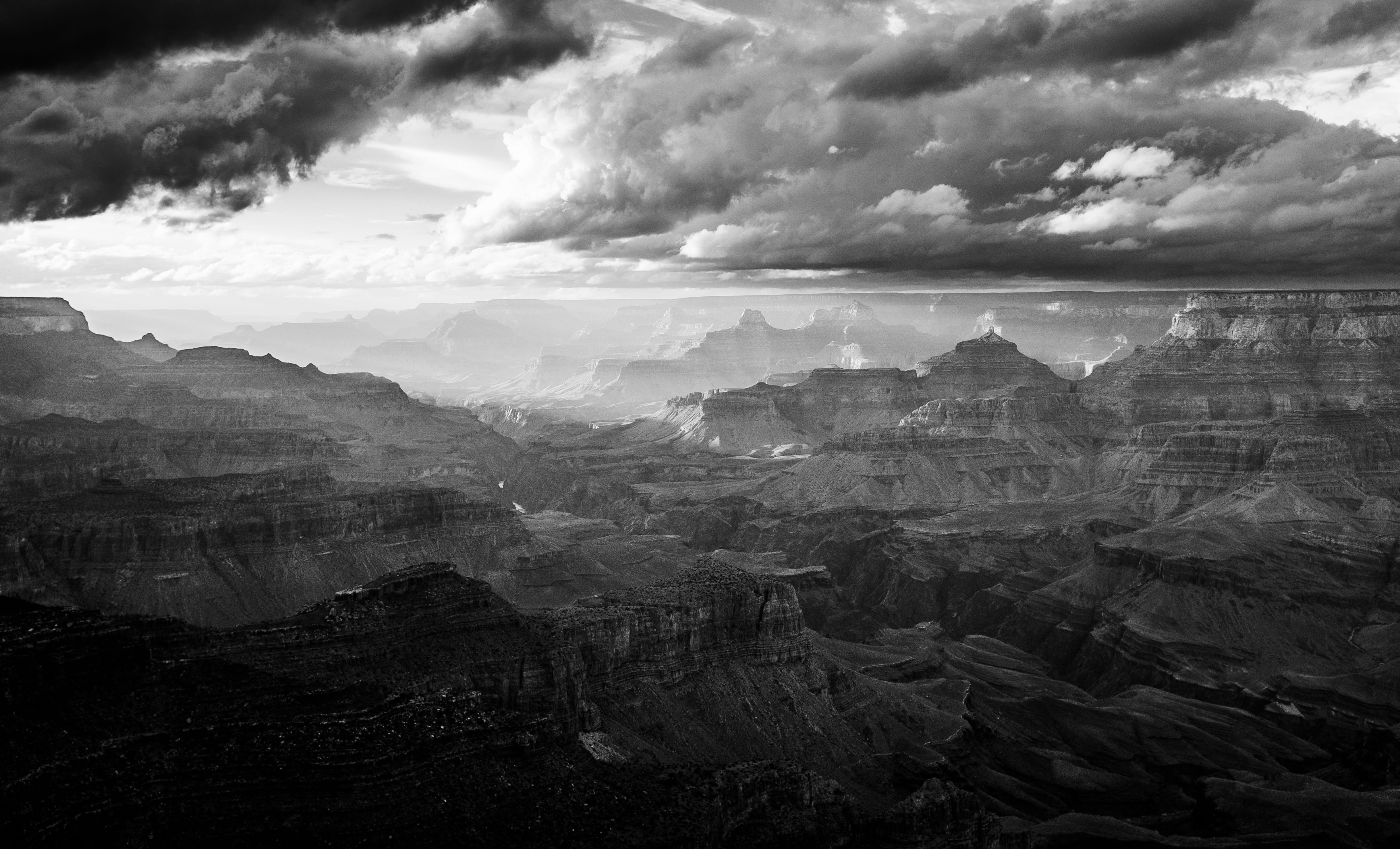 4K, outdoors, formation, environment, black and white, landscape, mountain range, sky, eroded, rock, united states, grandcanyon, cloud - sky, tranquility, HD Wallpaper
