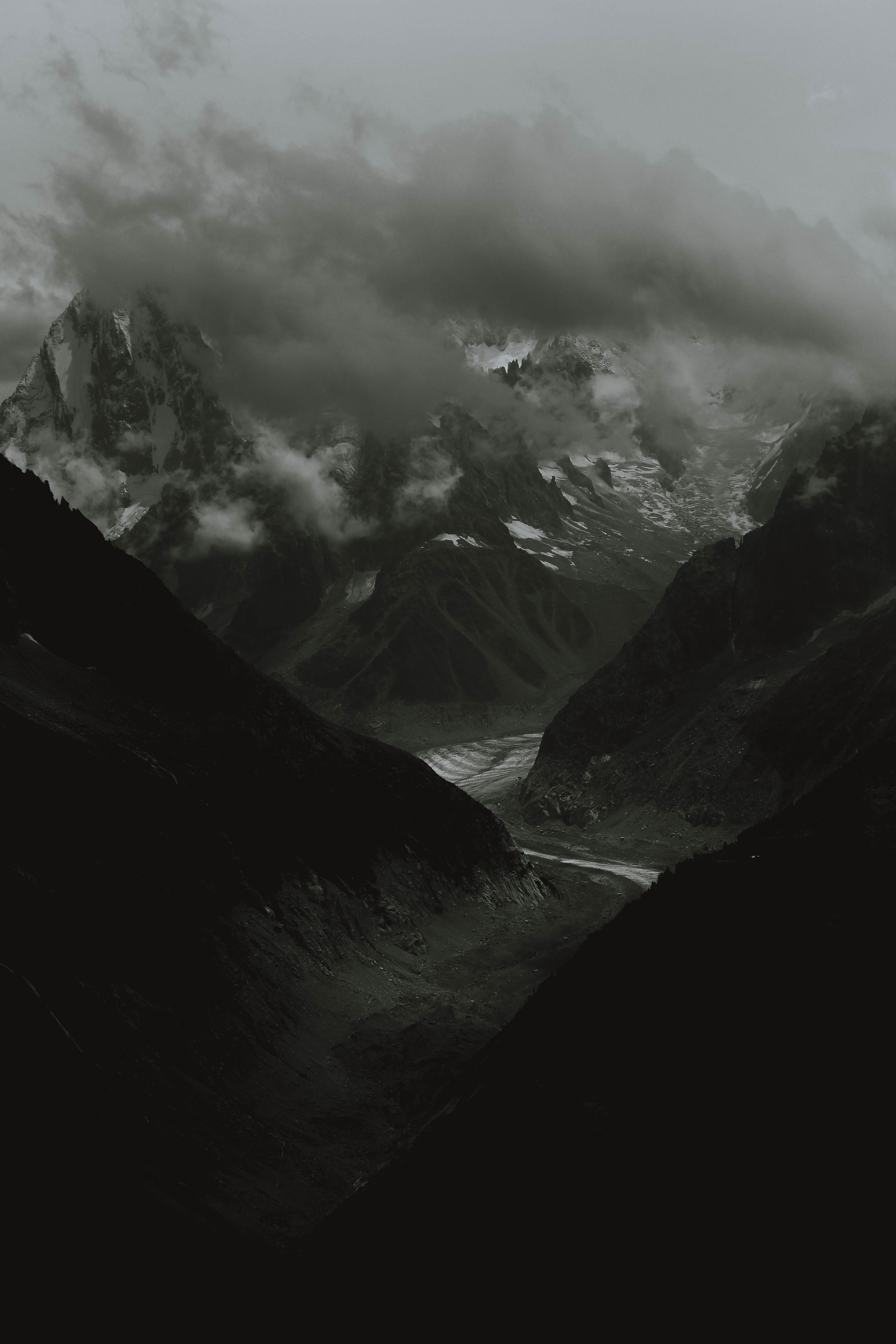 snow, canyon, mountain peak, beauty in nature, weather, mountain, day, cold temperature, black and white, nature, scenics - nature, dark, glacier, idyllic, Phone HD Wallpaper