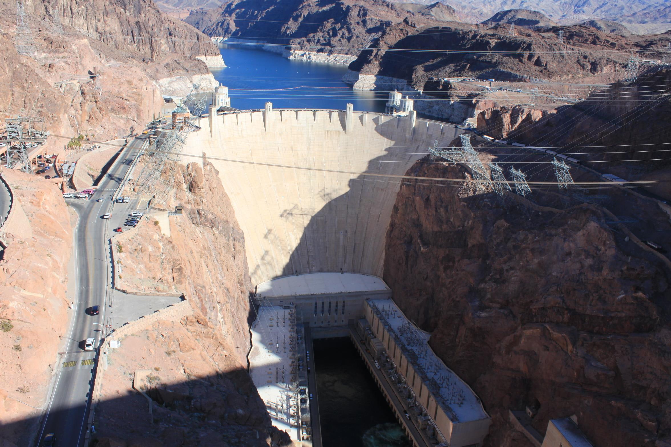 1080P, road, animals, cars, water, dam, hoover, blue, HD Wallpaper