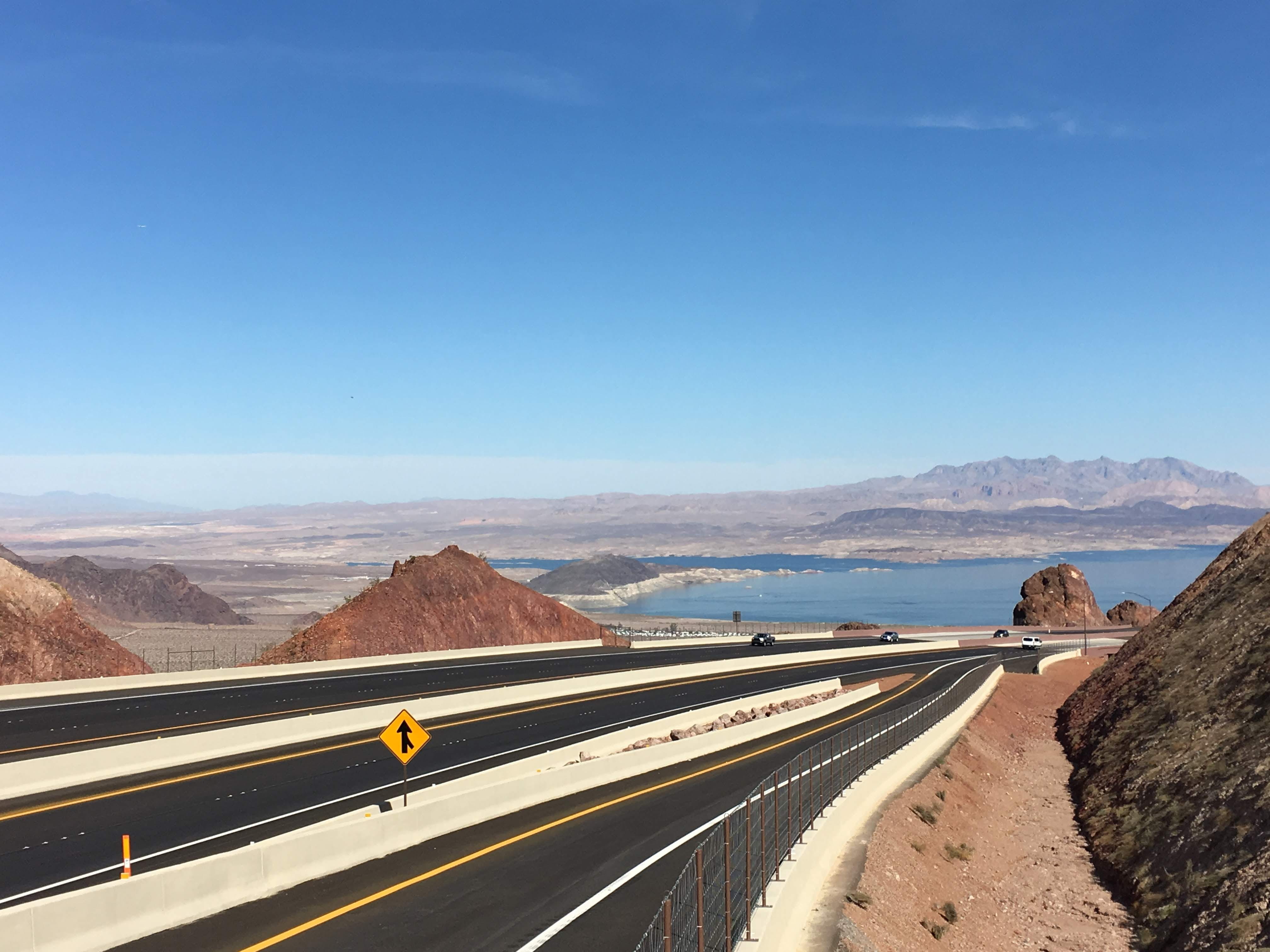 mode of transportation, beauty in nature, blue sky, colorado river, nature, water, mountain range, mountain, scenics - nature, reservoir, road, mountains, HD Wallpaper