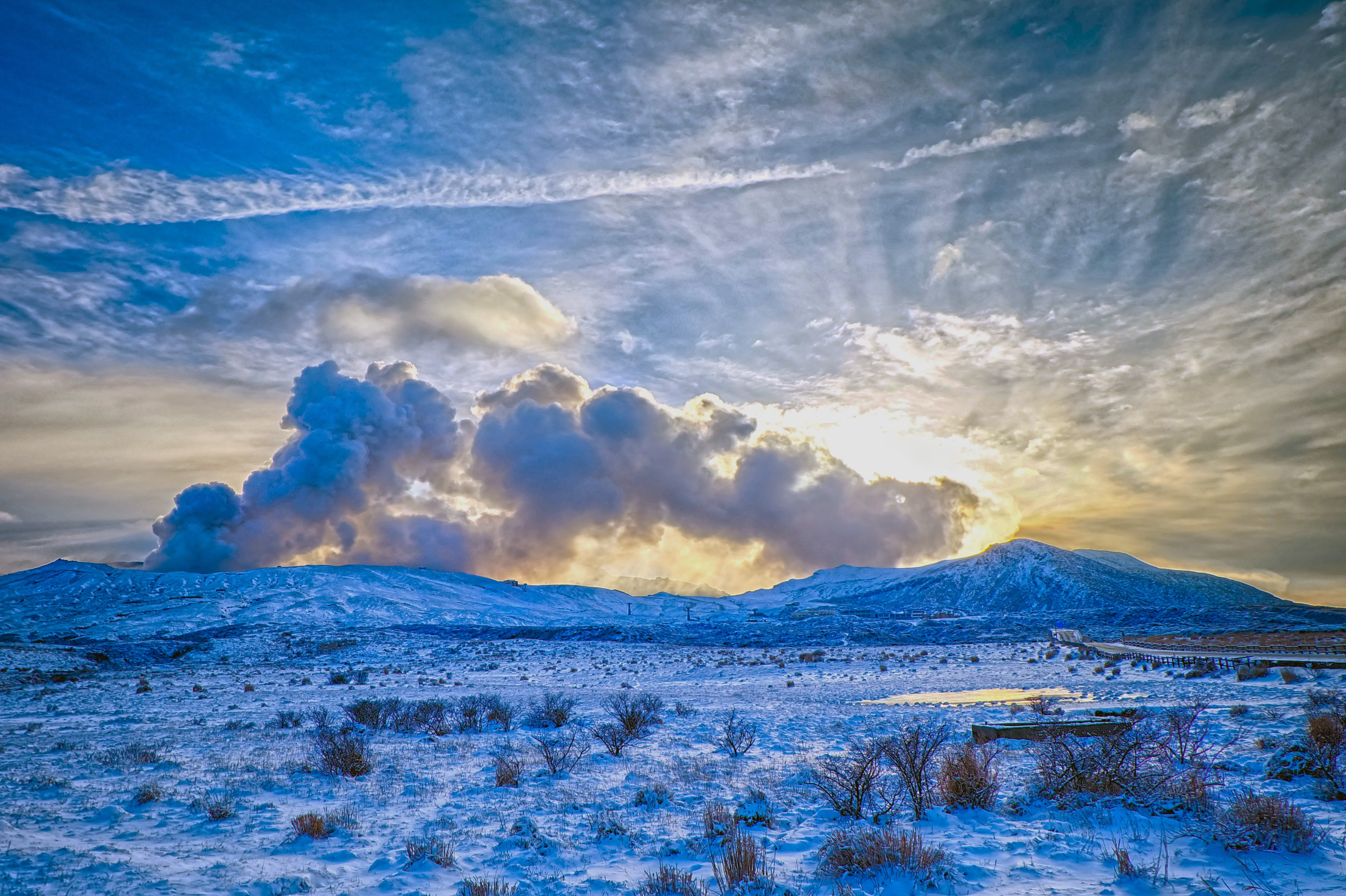 daytime, no people, japan, 4K, nature, outdoors, natural, asahi, white, eruption, cloudy, cold temperature, scenics - nature, cloud - sky, sunset, aso, HD Wallpaper