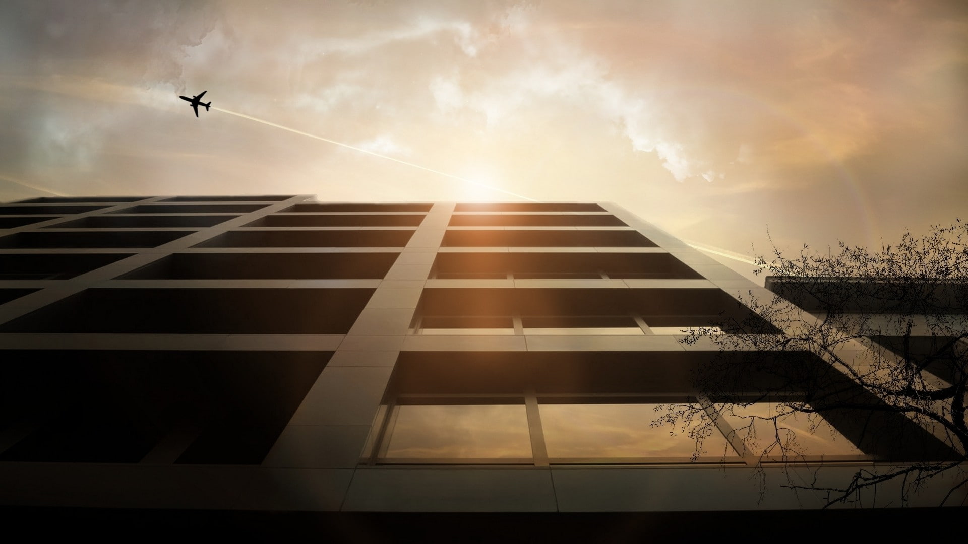 worms eye view, clouds, Sun, building, architecture, 1080P, sky, photography, HD Wallpaper