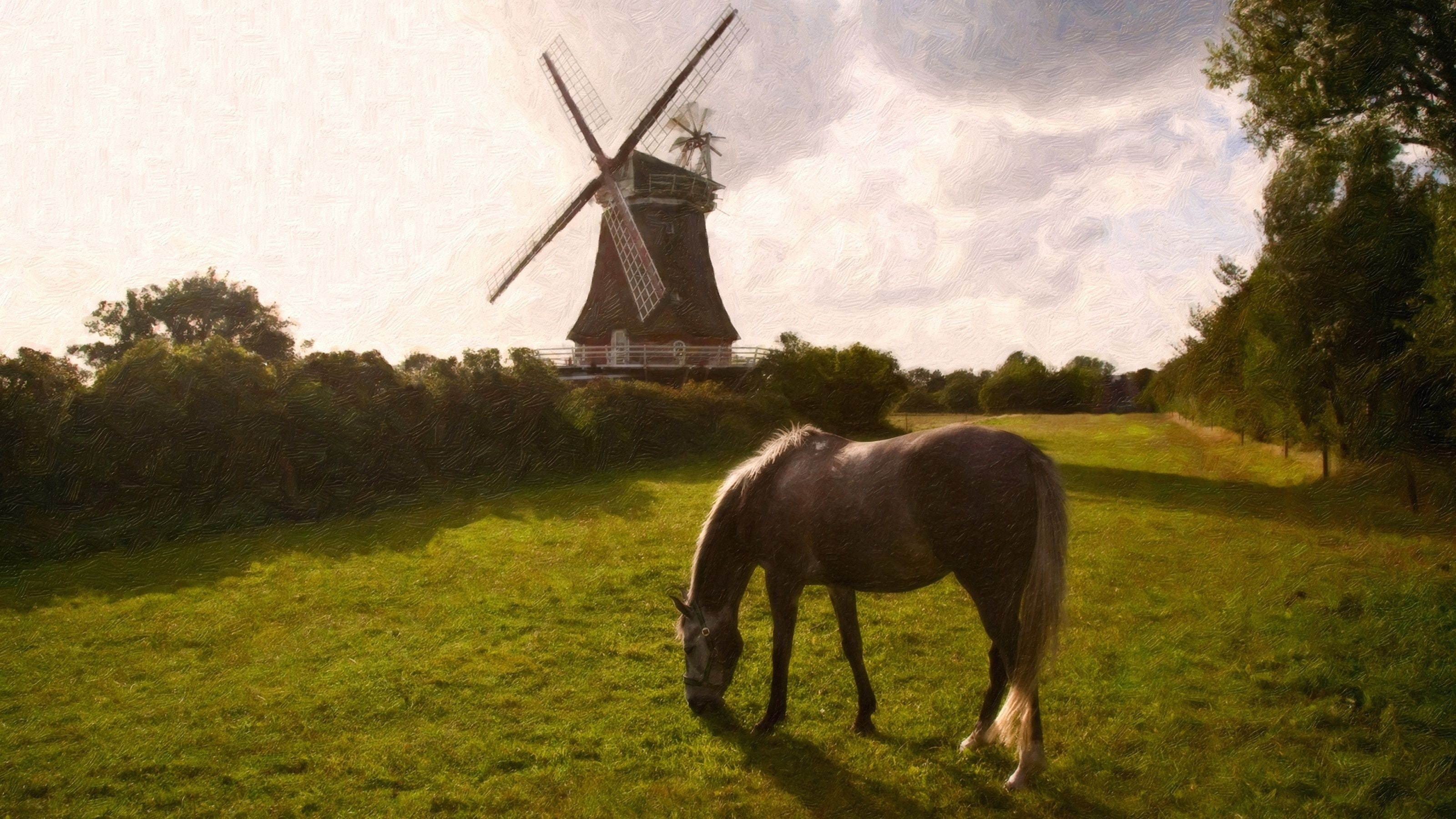 tree, environmental conservation, livestock, domestic animals, fuel and power generation, horse, grass, oil painting, nature, herbivorous, plant, animal themes, HD Wallpaper