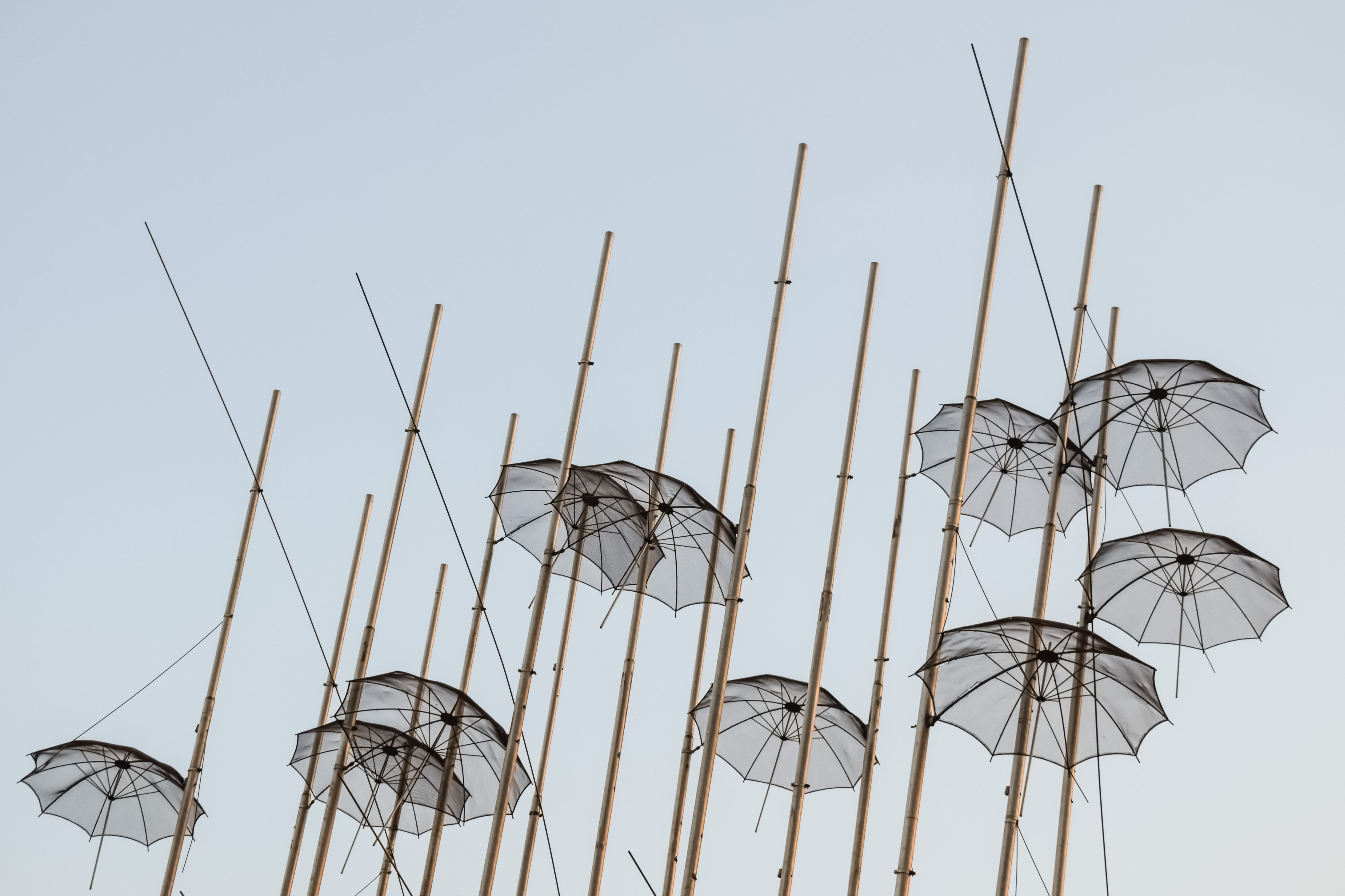 greece, low angle view, sculpture, metal, day, mast, tall - high, umbrellas, architecture, sailboat, art, no people, thessaloniki, pole, clear sky, group of objects, HD Wallpaper