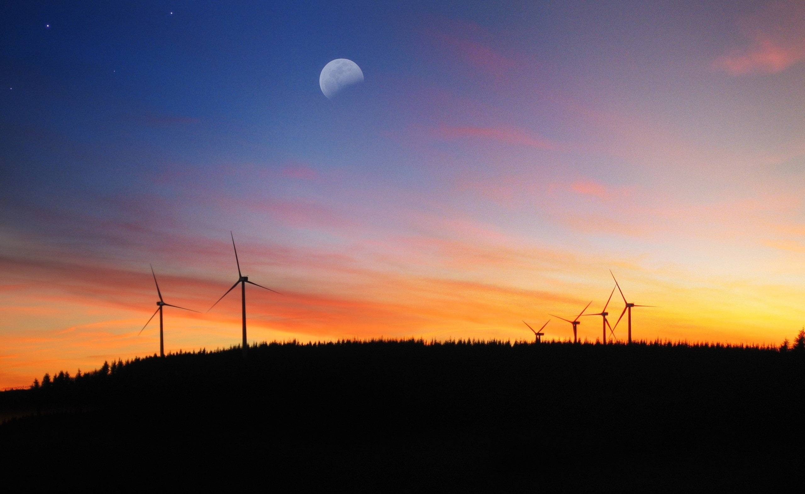 land, power supply, electricity, Nature, environmental conservation, alternative energy, beauty in nature, silhouette, moon, Turbine, Sun and Sky, fuel and power generation, HD Wallpaper
