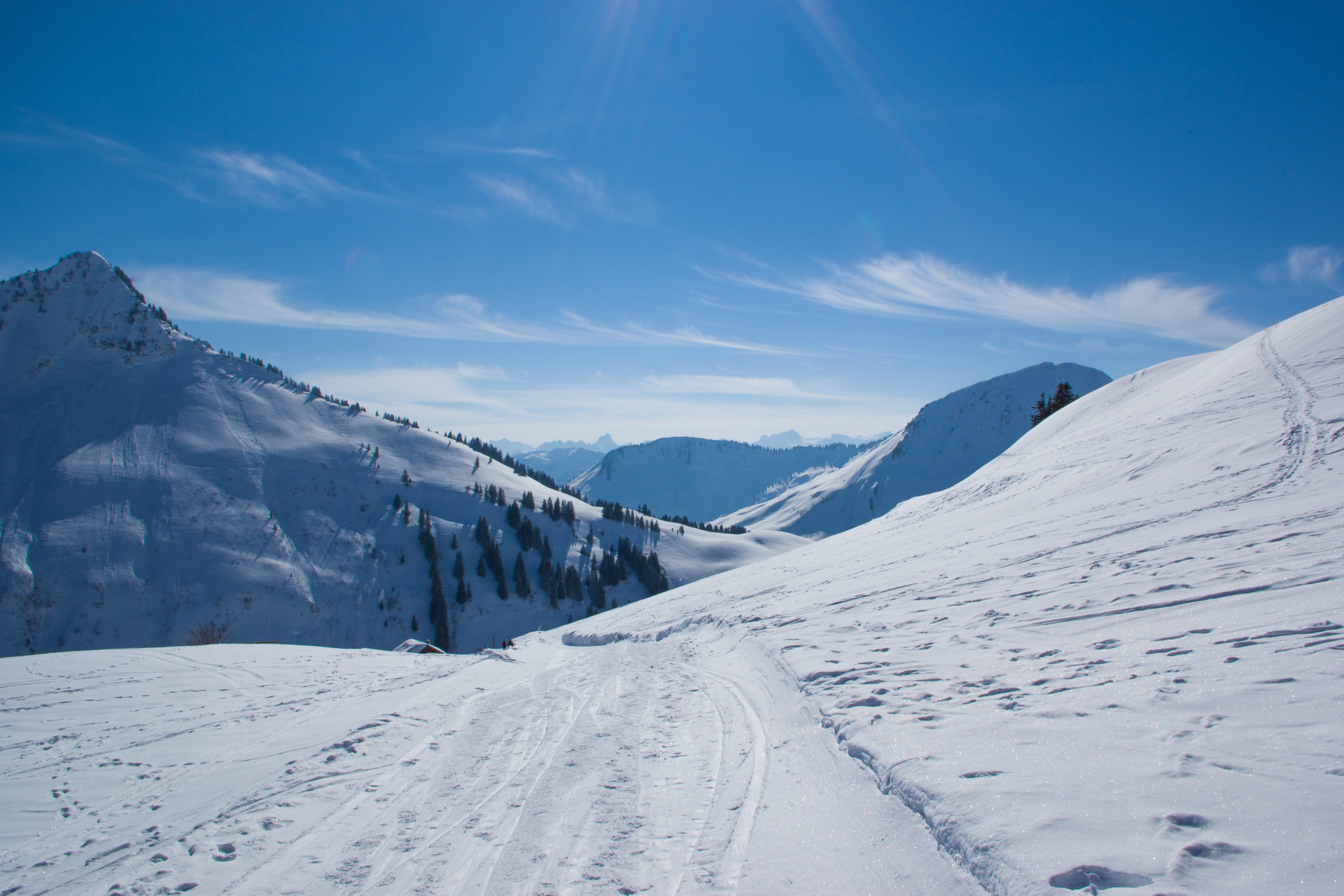 snowy, ski area, 5K, mountain summit, sport, landscape, panorama, skiing, mountain, sky, trees, nature, ski run, blue, day, panoramic image, environment, HD Wallpaper
