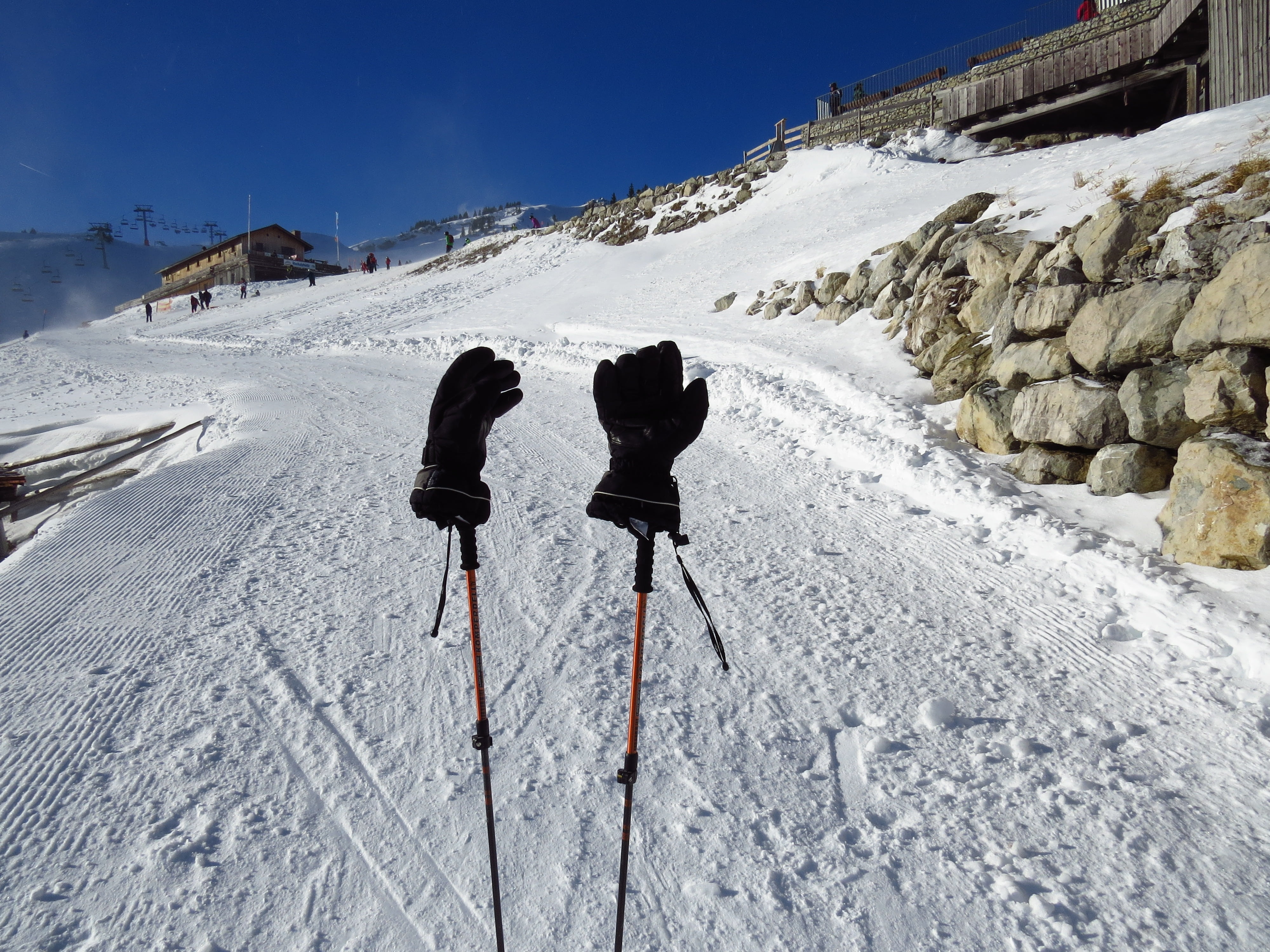 ski poles, rock, snowcapped mountain, sticks, ski run, gloves, winter, mountain range, cold temperature, lifestyles, cold, sport, environment, hike, sky, HD Wallpaper