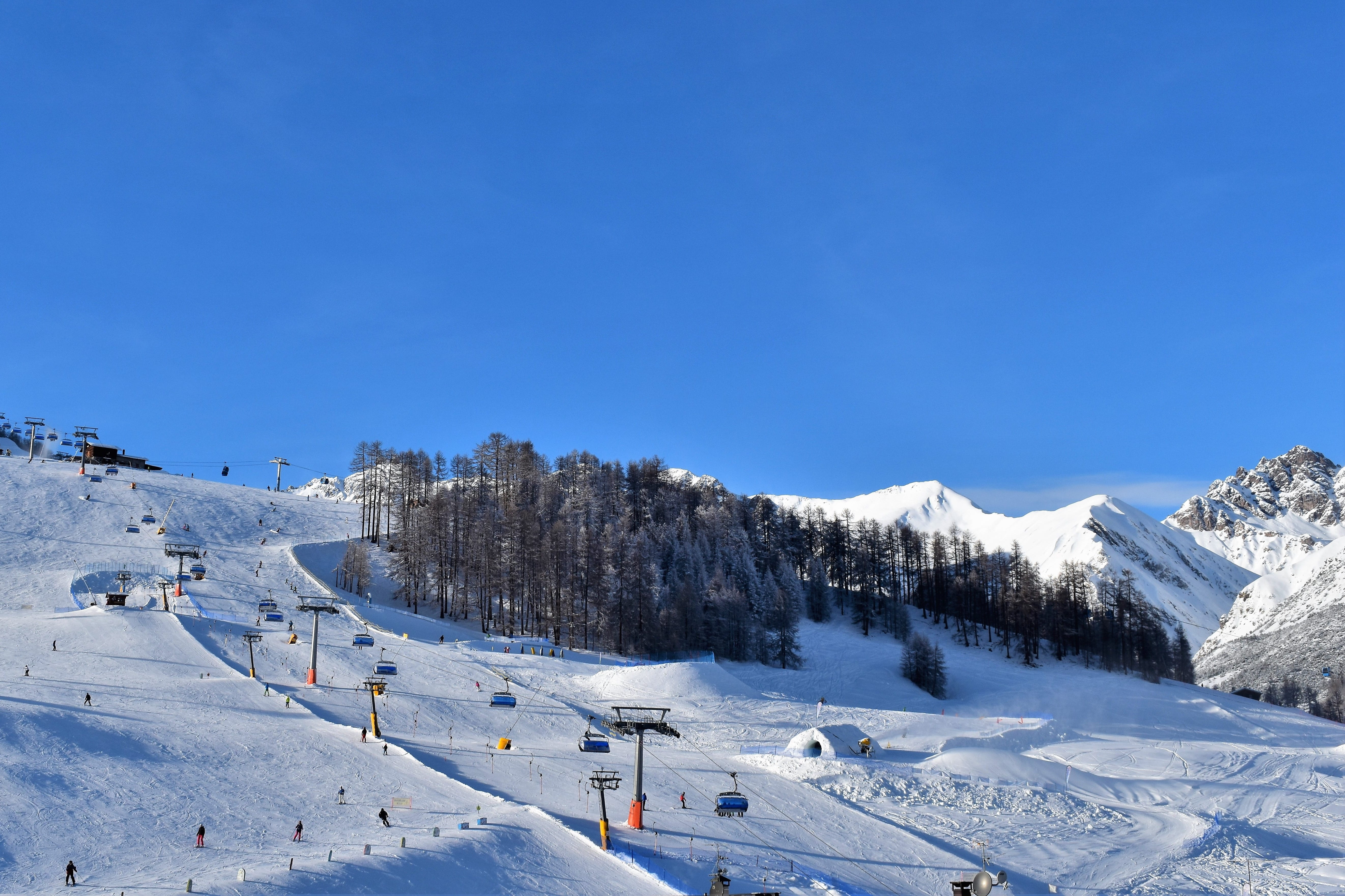 mountain range, tranquility, frost, winter, snowcapped mountain, white, day, tranquil scene, plant, snow, alpine, sky, italy, tree, sunrise, snow cannons, HD Wallpaper