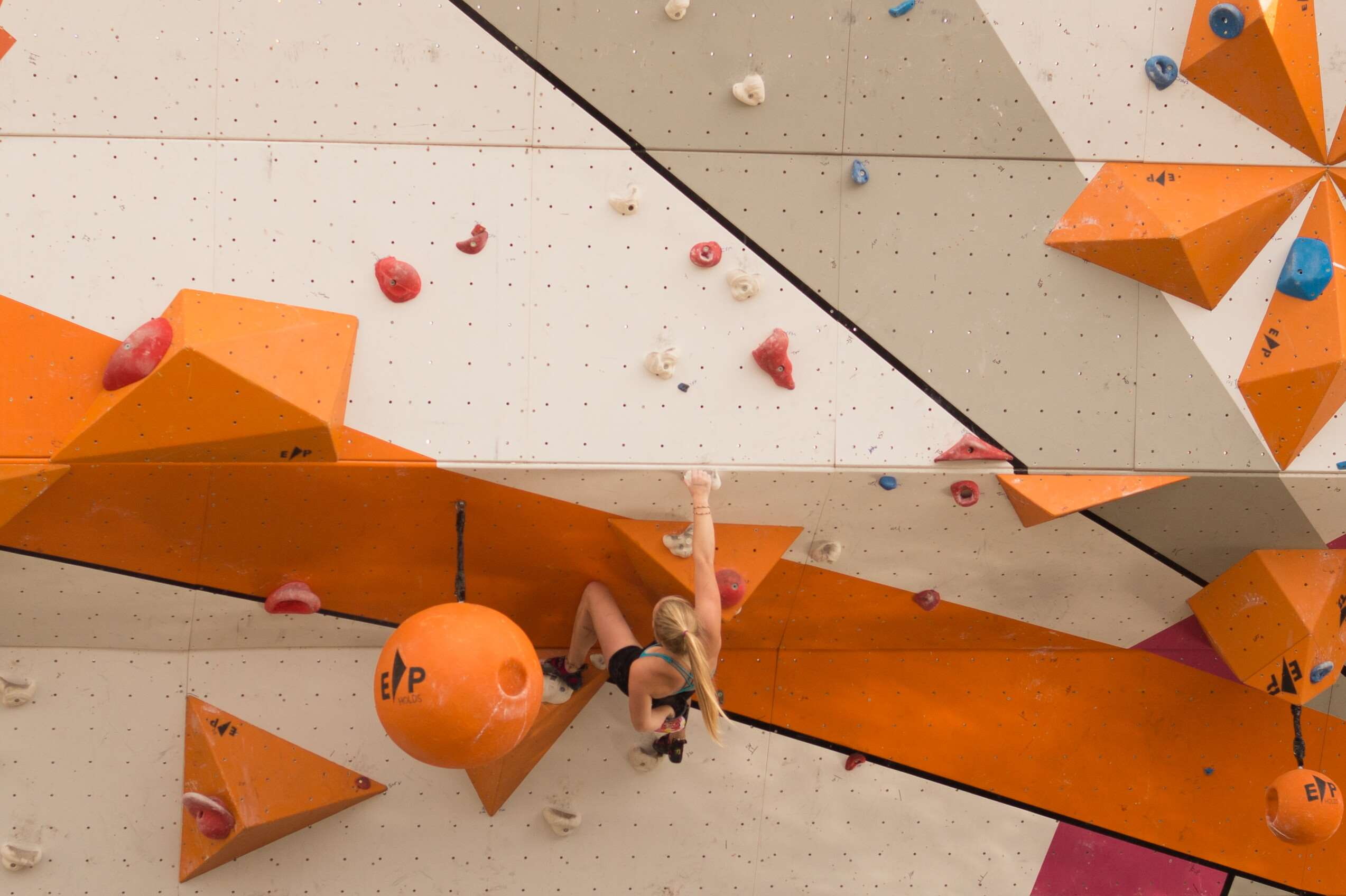 1080P, real people, hobby, rock climbing, orange color, one person, high angle view, extreme sports, indoors, bouldering, climbing, mountaineer, wall - building feature, HD Wallpaper