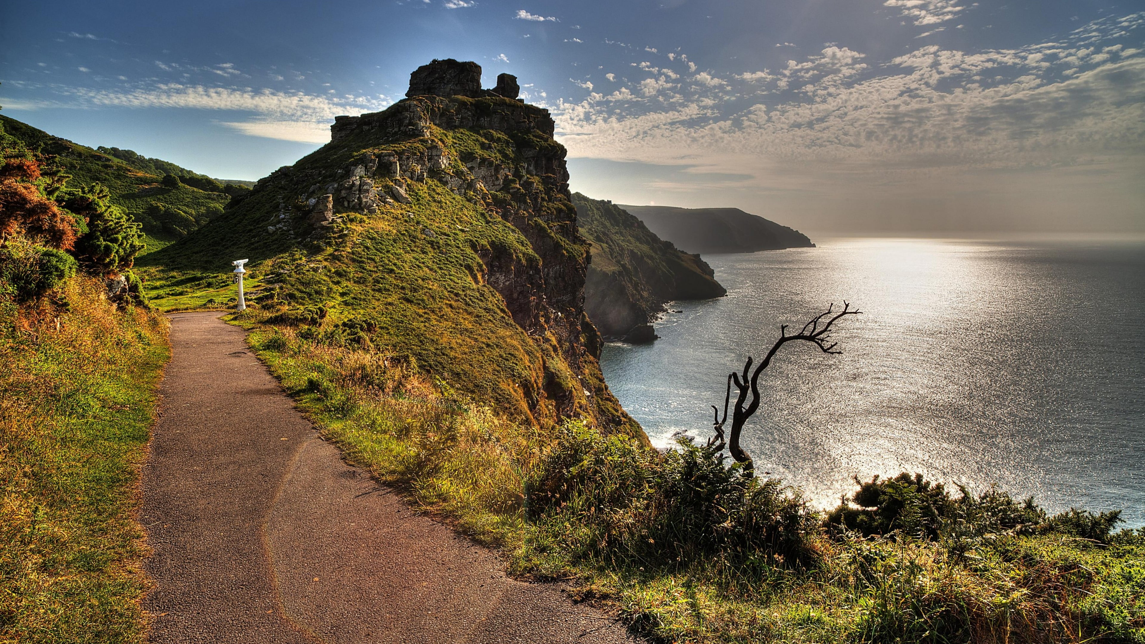 sky, the way forward, morning, lynmouth, rock, coastline, road, plant, valley of the rocks, united kingdom, 4K, scenics - nature, lynton, sea, sunlight, HD Wallpaper