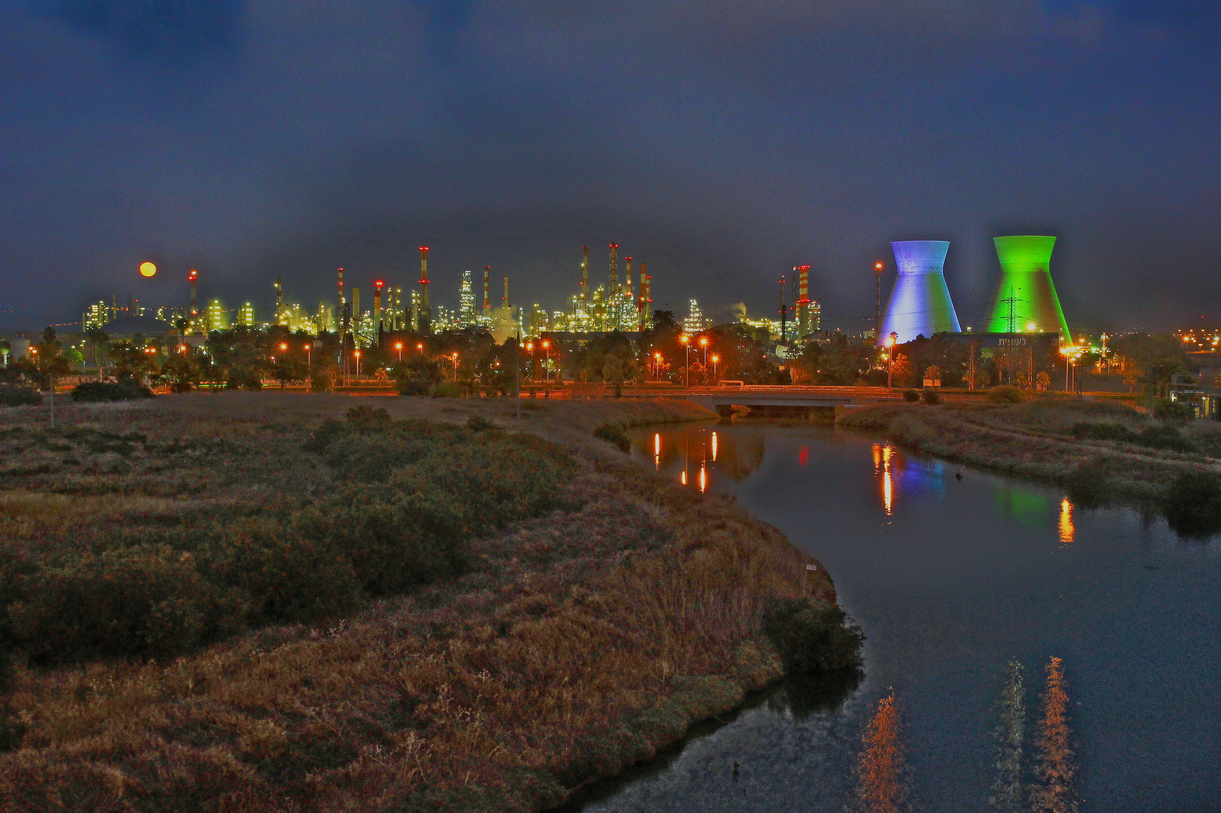 water, distance, building, skyscraper, gasoline, building exterior, illuminated, haifa israel, refineries, power, fumes, sky, pollution, refinery, nature, HD Wallpaper