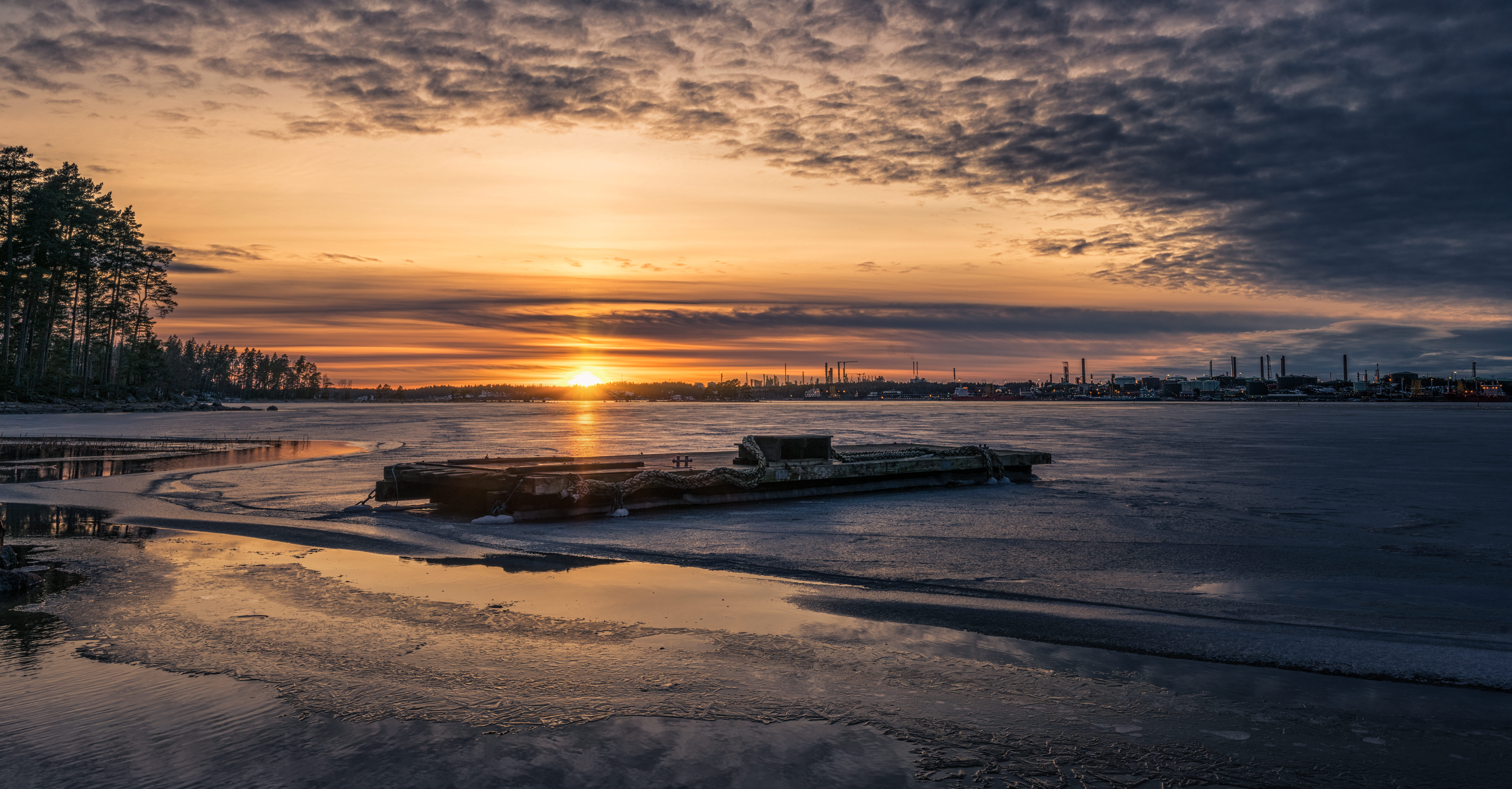 refinery, reflection, environment, sky, scenics - nature, tranquility, no people, cloud - sky, outdoors, nature, beauty in nature, snow, sunset, HD Wallpaper