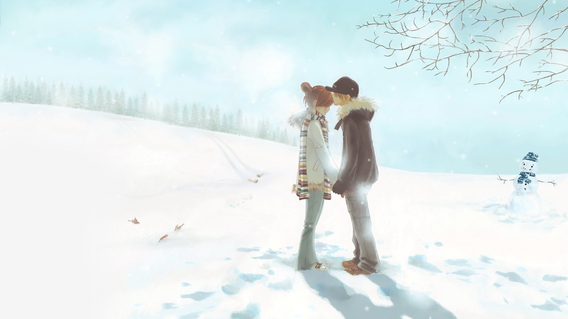 yuuki, 1080P, bokura, couple, hd, art, obata, x, snow, anime, nature, kissing, ga, ita, Winter, HD Wallpaper