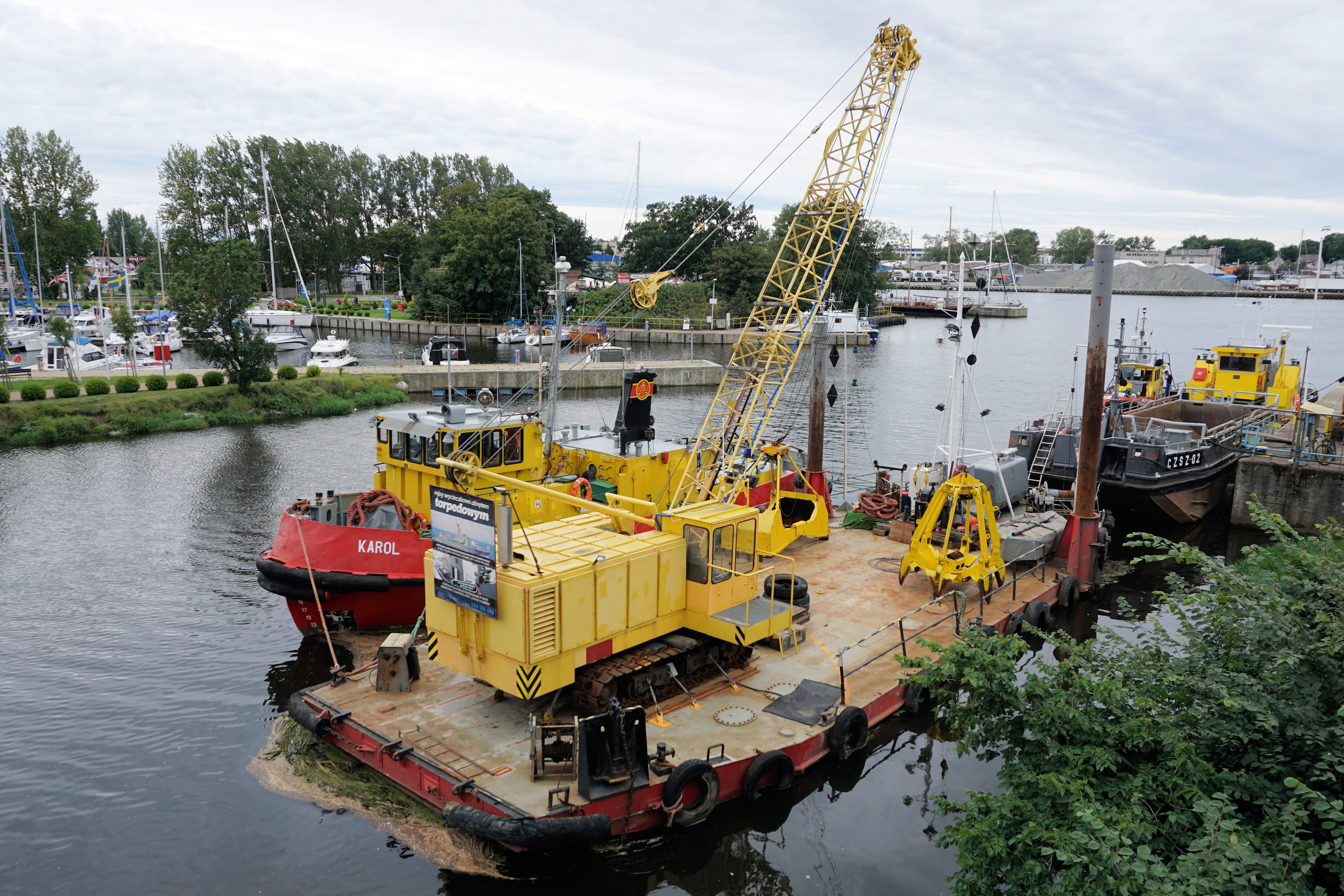plant, platform, boot, kołobrzeg, crane, ship crane, no people, sea, moored, baltic sea, day, outdoors, yellow, cloud - sky, waterfront, transportation, HD Wallpaper