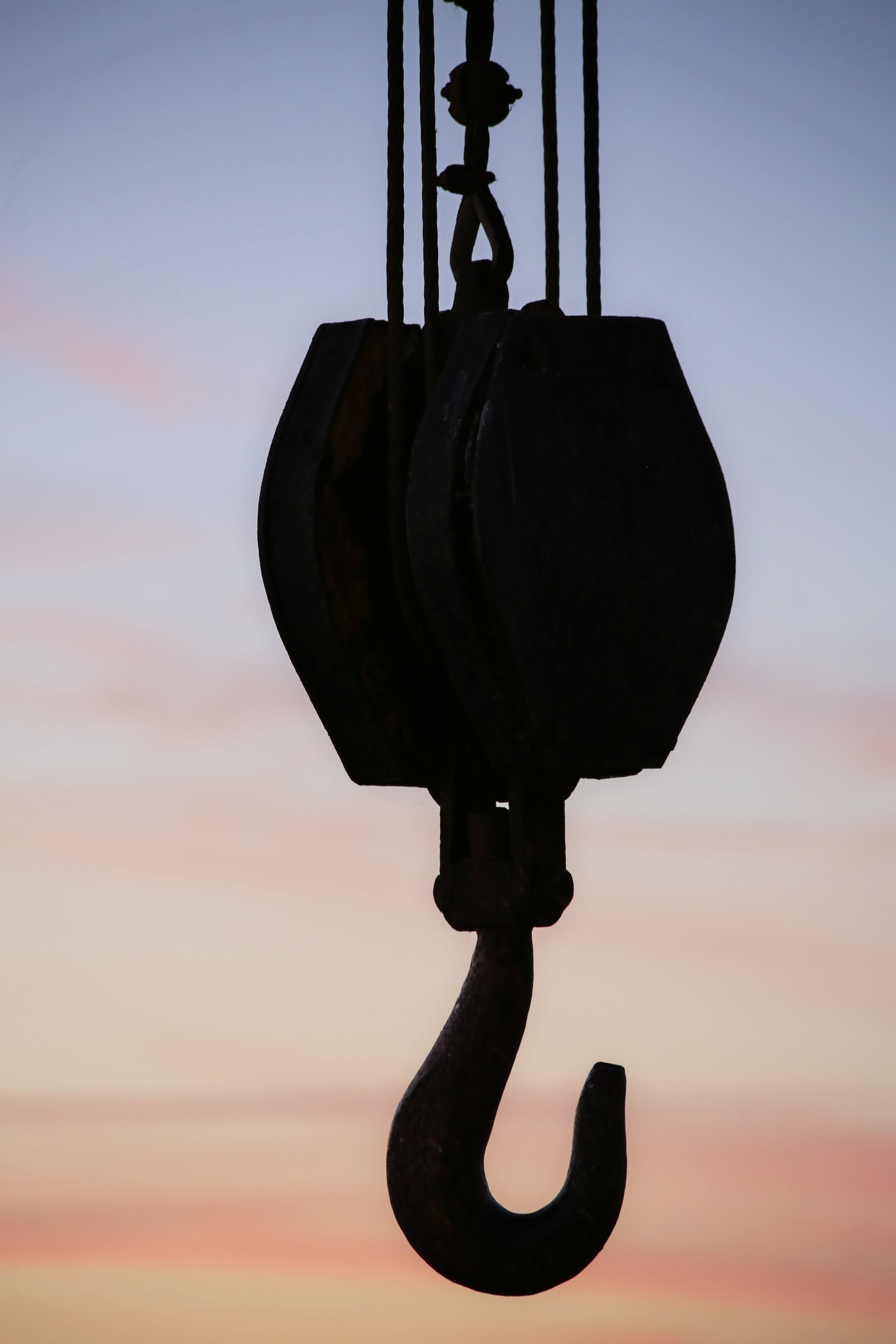 history, industrial, close-up, hanging, lifting, pulley, day, hook, 5K, site, silhouette, nature, black color, dusk, sunset, the past, focus on foreground, Phone HD Wallpaper