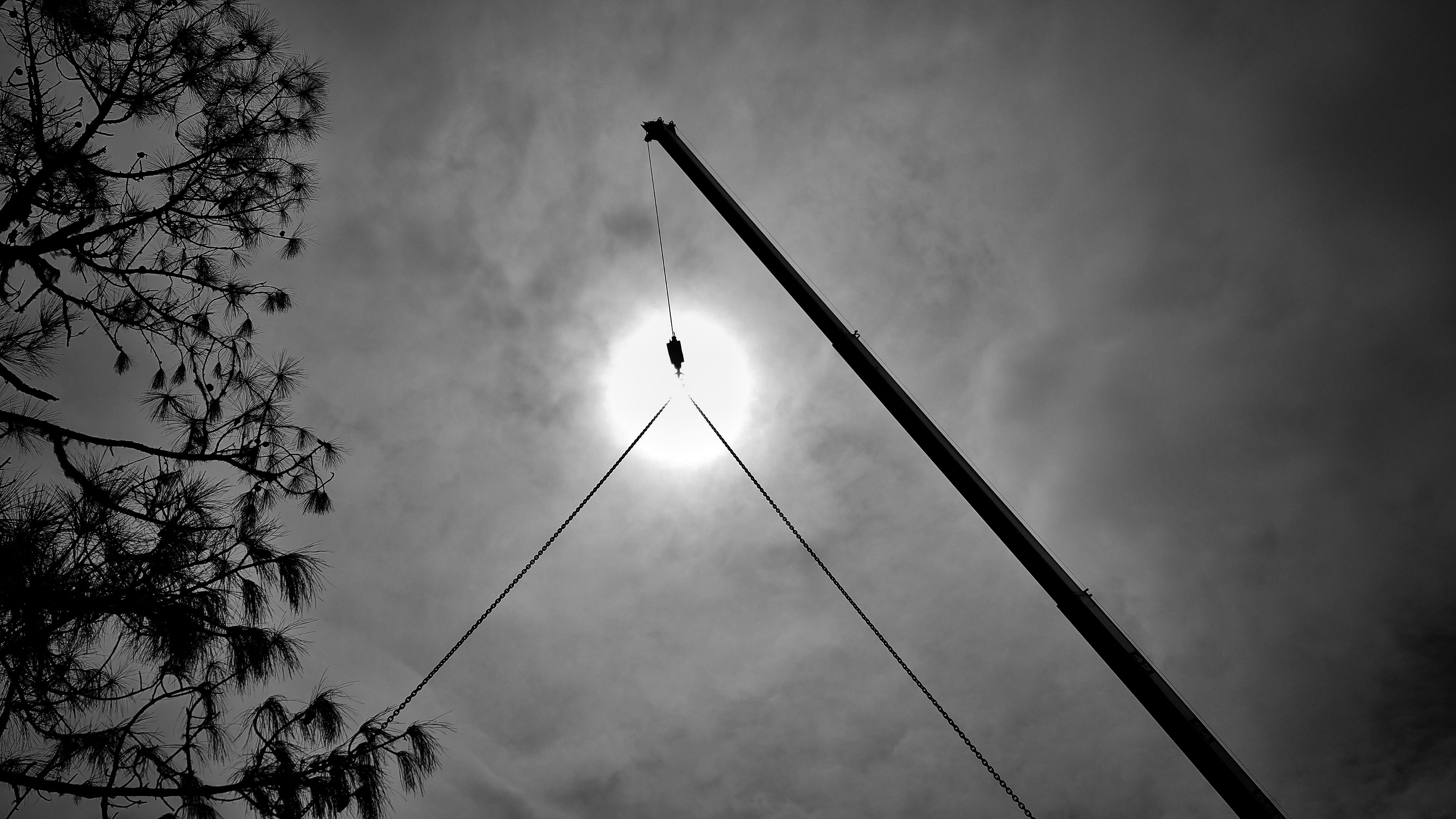 arm, crane, 5K, day, chain, built structure, outdoors, communication, construction, sky, no people, low angle view, plant, overcast, hook, tree, sun, architecture, HD Wallpaper