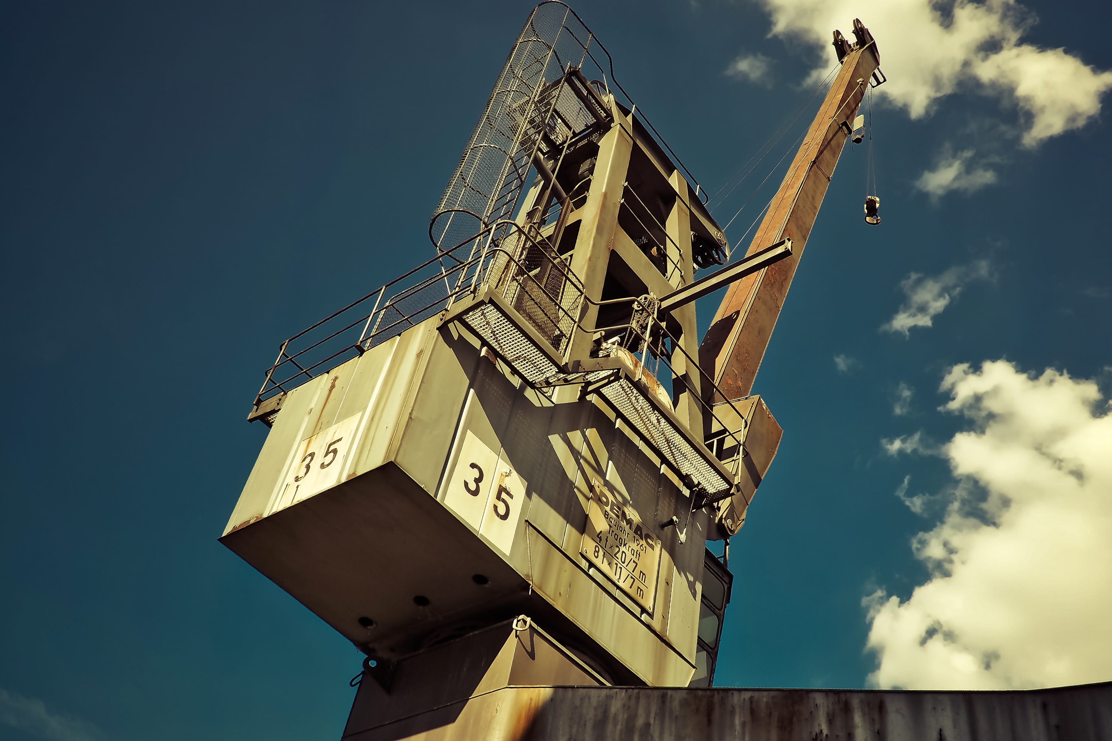 cloud - sky, day, shipping, white, pier, no people, crane arm, built structure, transportation, freight transportation, blue, nature, crane - construction machinery, HD Wallpaper