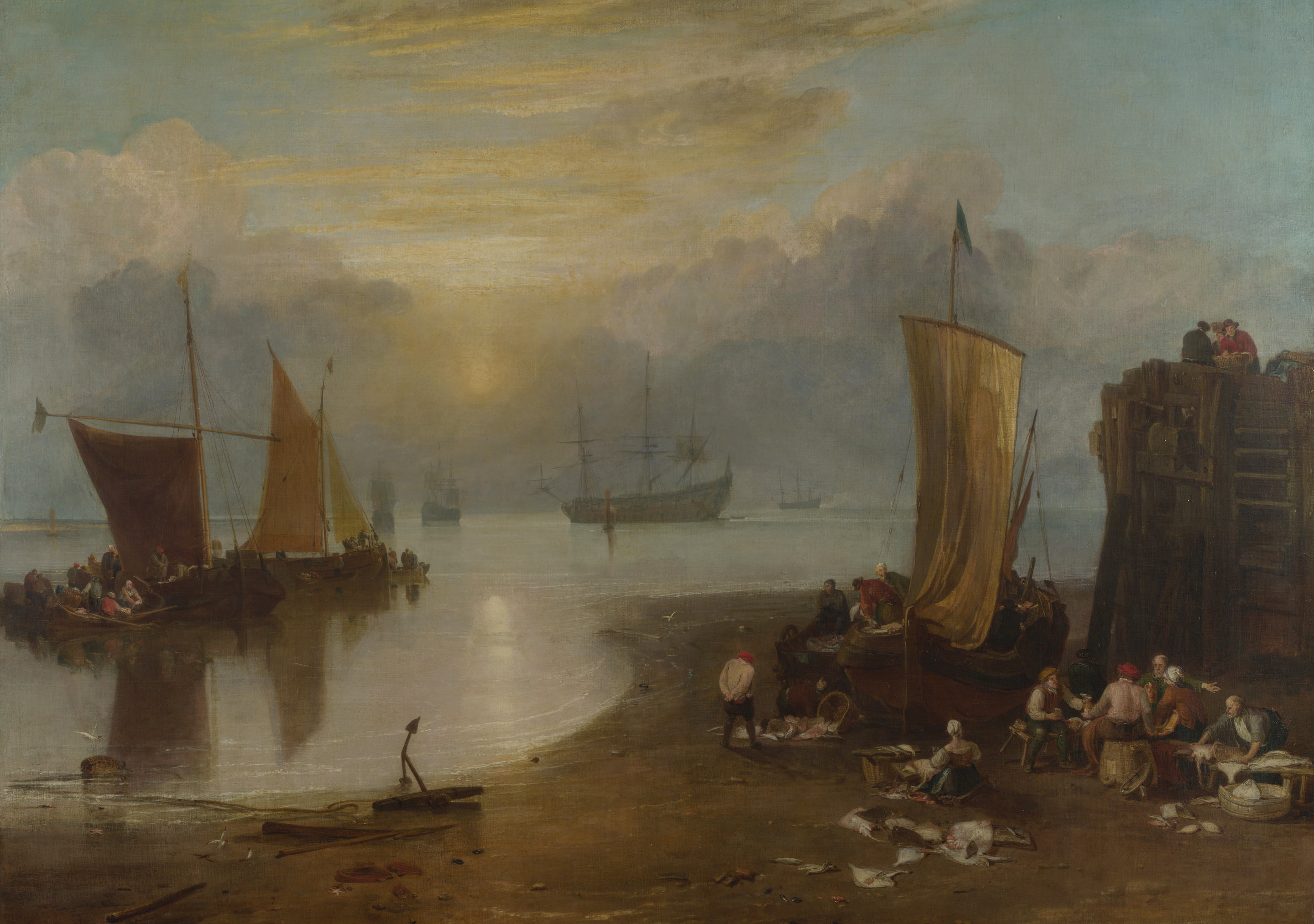2K, boat, William Turner, shore, Sun Rising through Vapour, people, ship, sea, sail, seascape, picture, HD Wallpaper