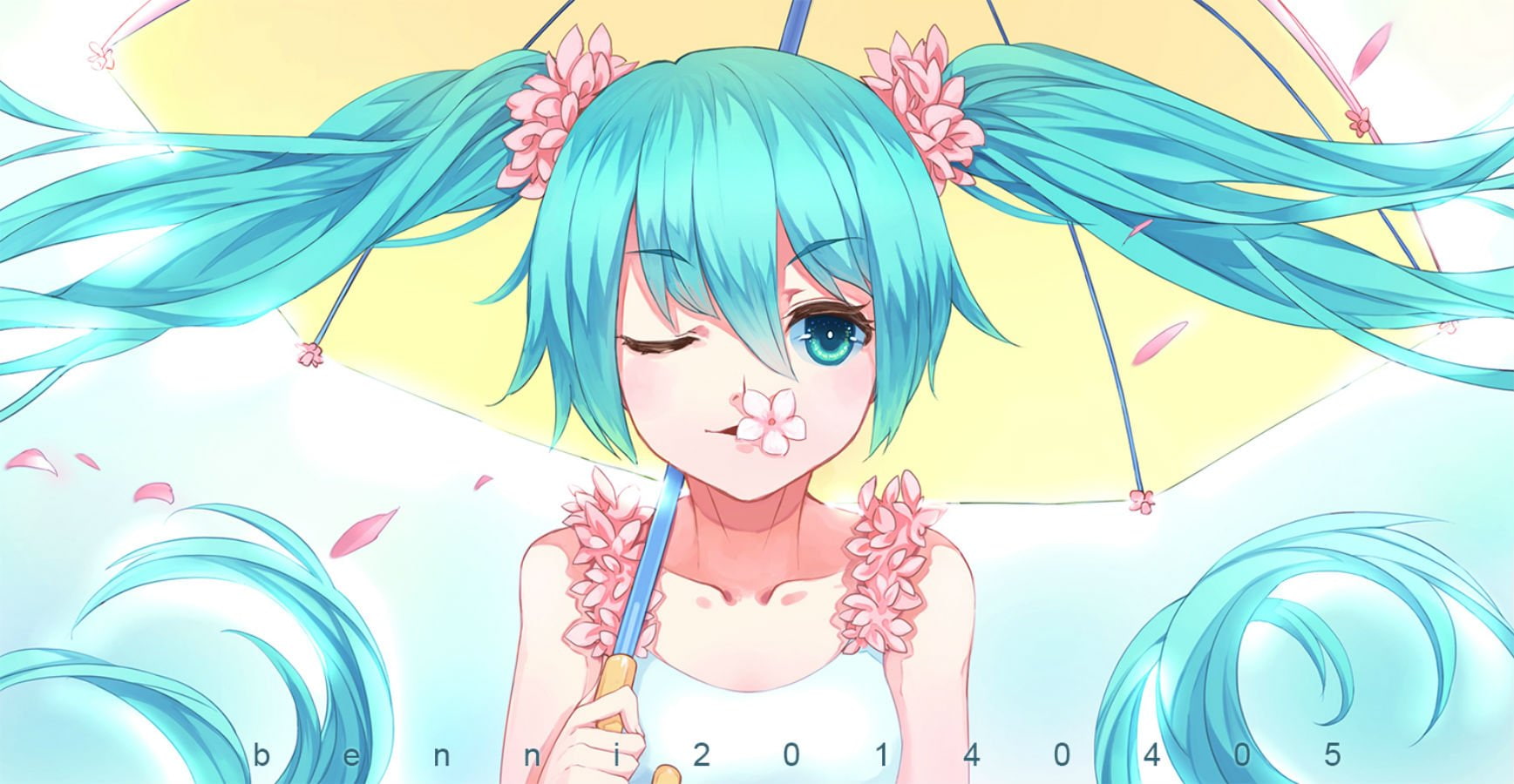 720P, hair, twintails, miku, wink, benni, blue, flowers, eyes, umbrella, vocaloid, hatsune, petals, HD Wallpaper