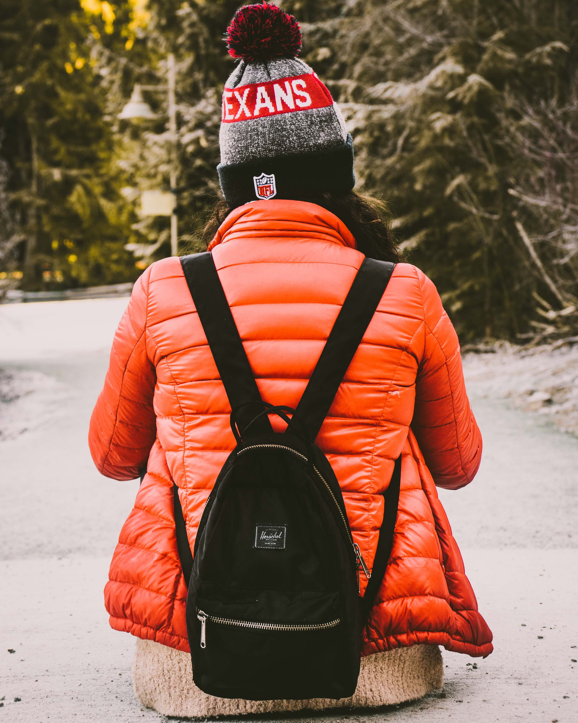 2K, sweatshirt, cap, strap, day, hat, one person, knitted, lifestyles, whistler, rear view, sweater, snow, bag, wearing, forest, canada, tree, gray, warm clothing, Phone HD Wallpaper