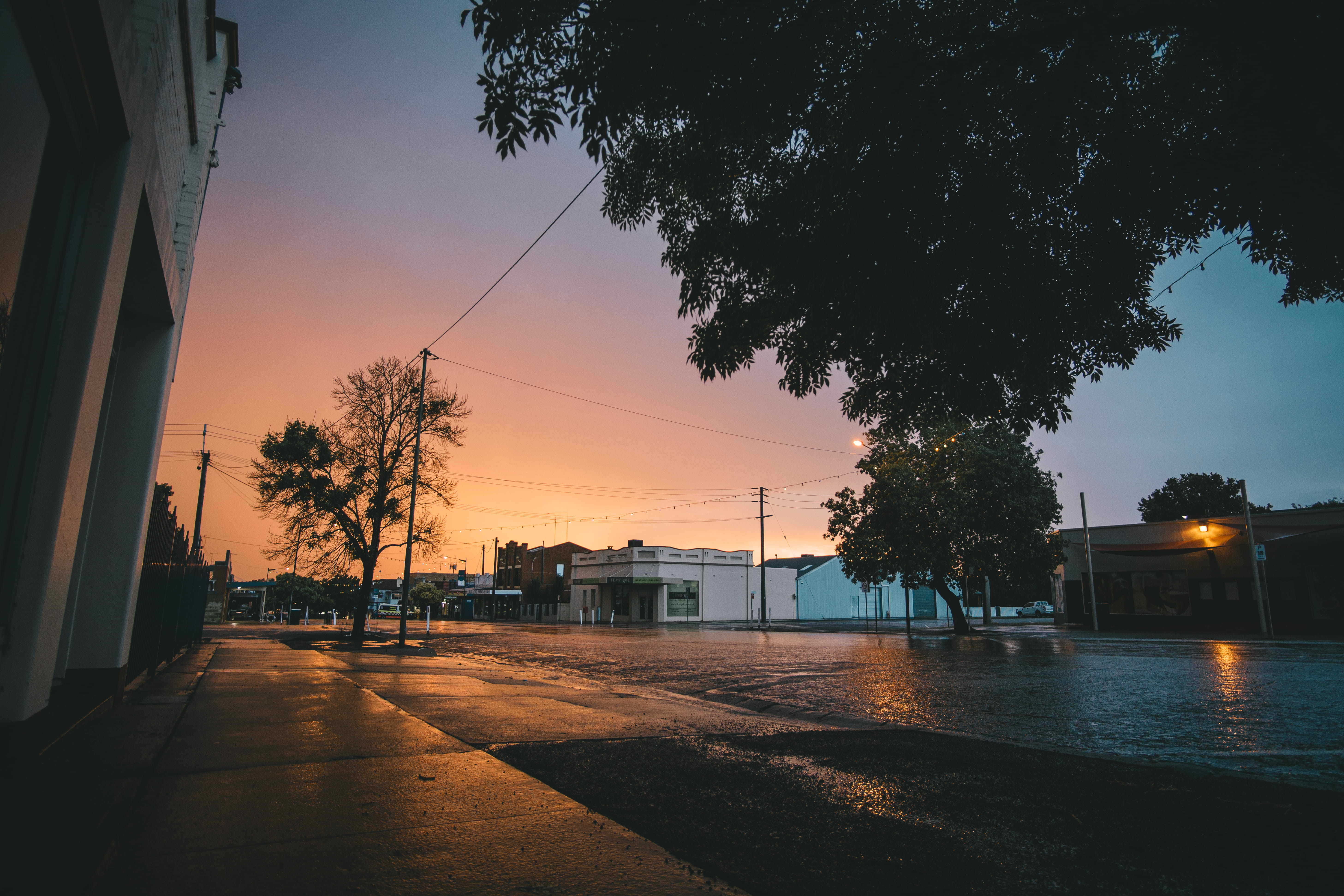5K, rain, electricity, road, outdoors, built structure, transportation, nature, sunlight, sunset, miami, sun, street, storm, water, narrandera, city, orange color, HD Wallpaper