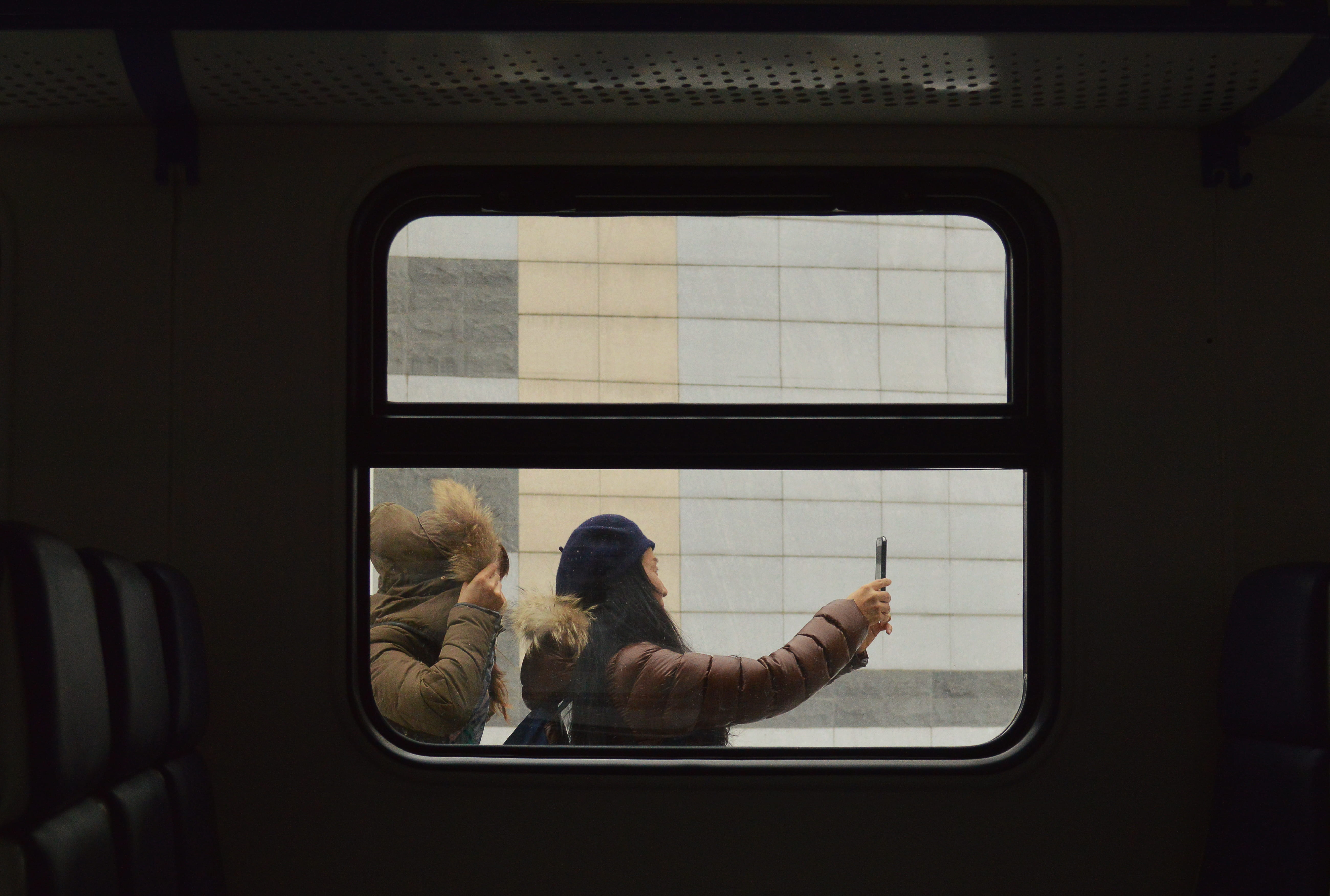land vehicle, cell phone, window, selfie, train window, travel, woman, transparent, person, glass - material, adult, white, rear view, coat, photo, journey, HD Wallpaper