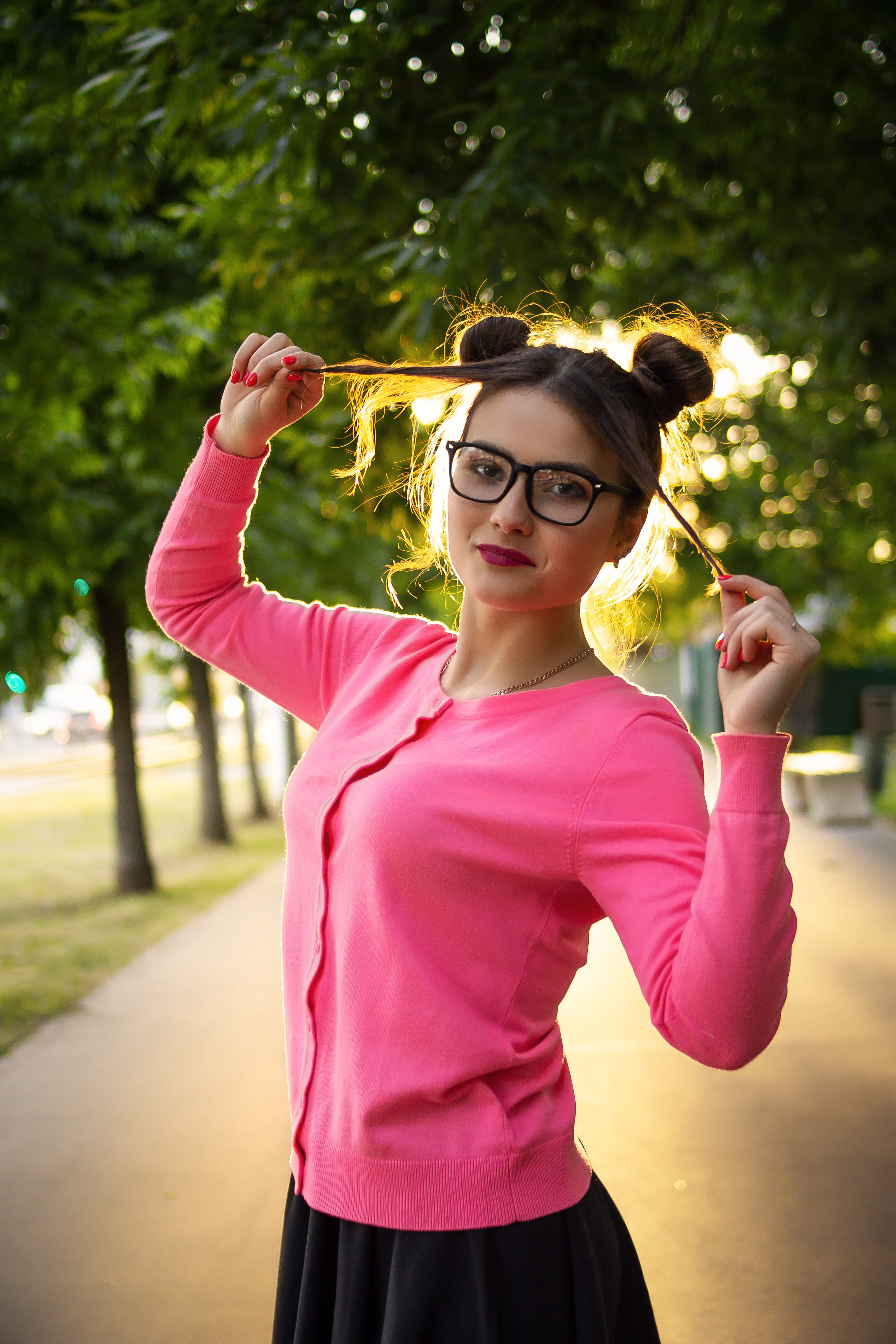 leisure activity, wearing, standing, pink, waist up, front view, real people, young adult, pink color, glasses, focus on foreground, sleeved, 4K, girl, Phone HD Wallpaper