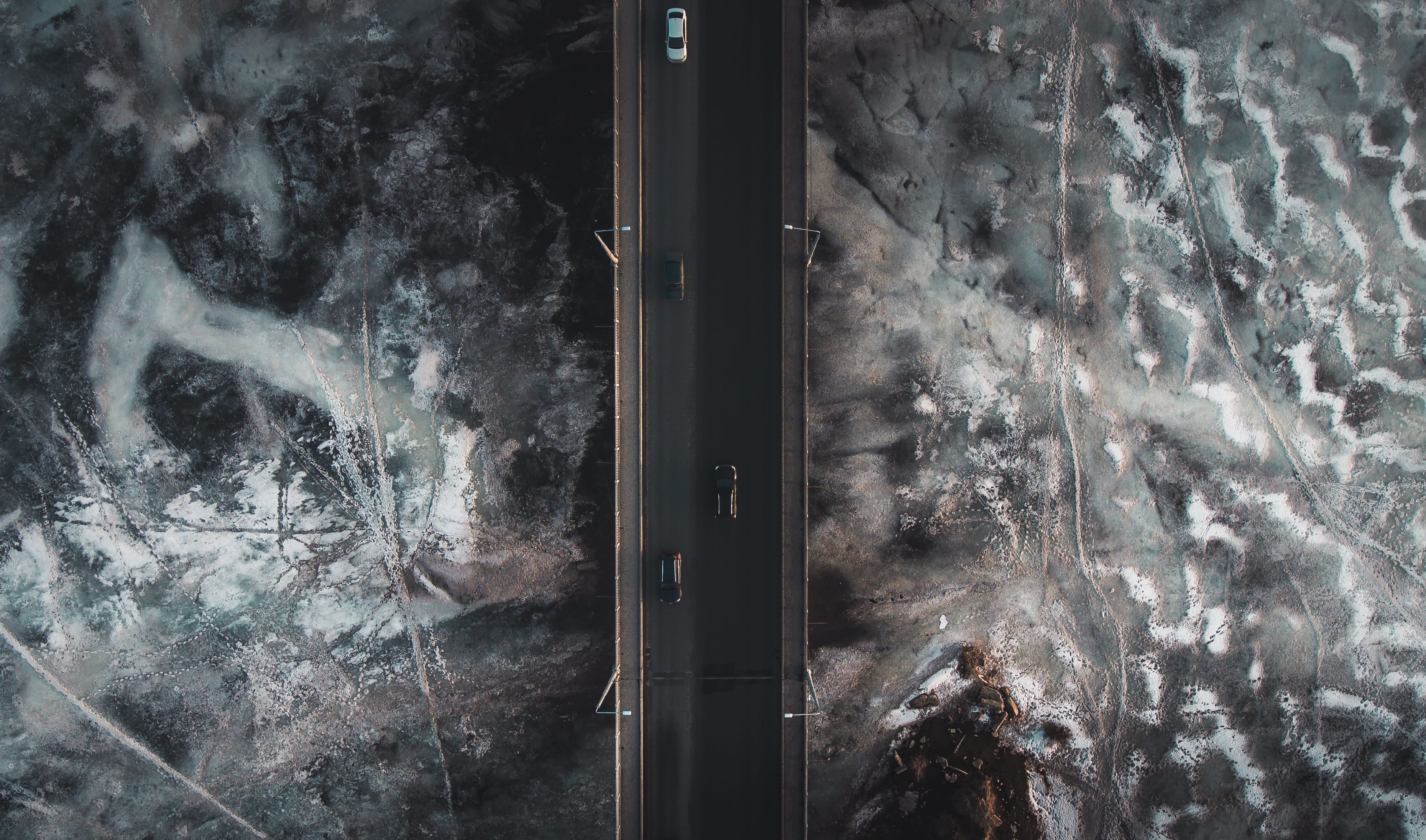 metal, wood - Material, aerial view, architecture, river, ice, no People, 2K, backgrounds, steel, topdown, door, white, saratov, old, frozen, volga, road, HD Wallpaper