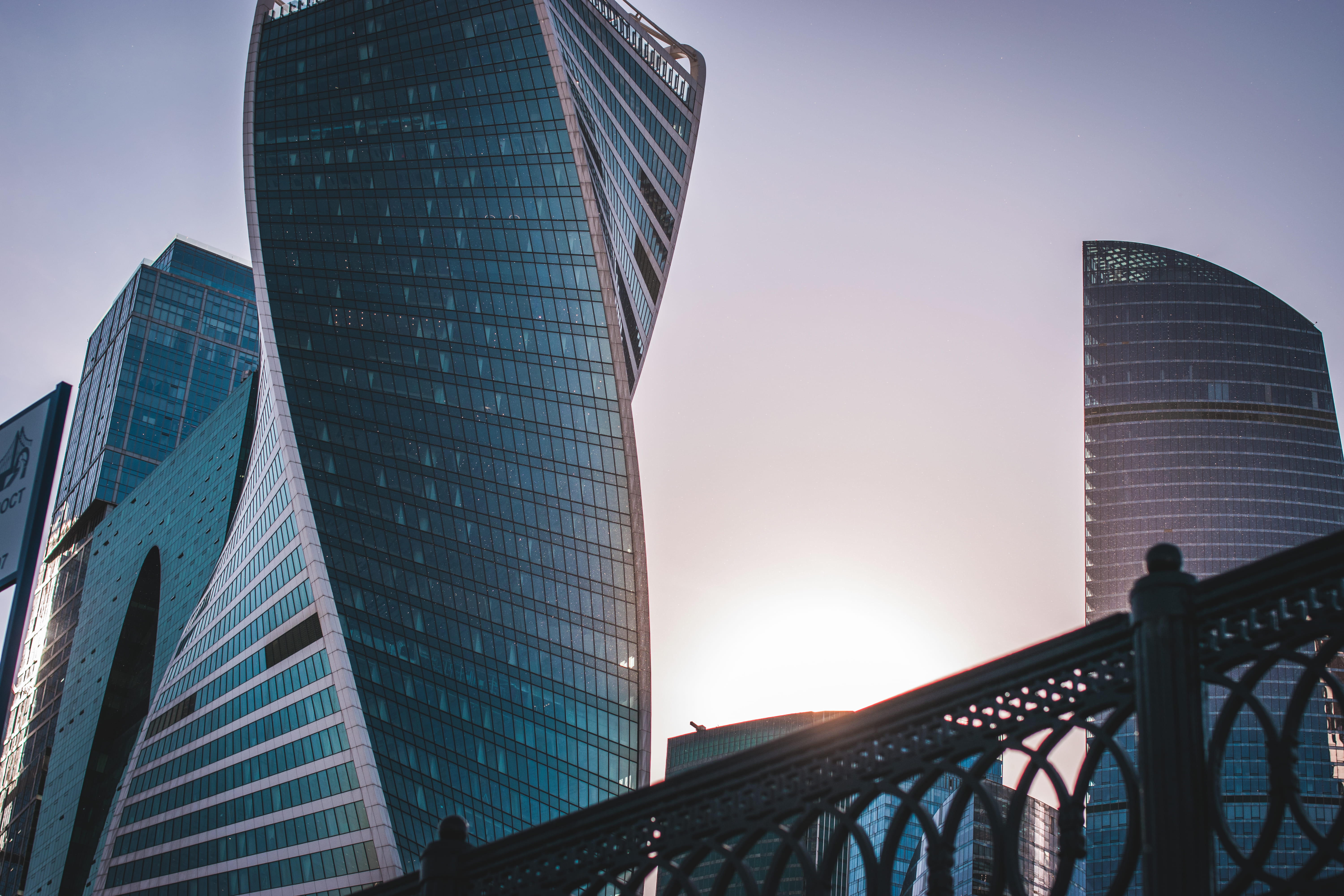 moscow, bridge - man made structure, building exterior, high rise, town, modern, sky, architectural, angle, russia, railing, urban, landscape, golden hours, HD Wallpaper