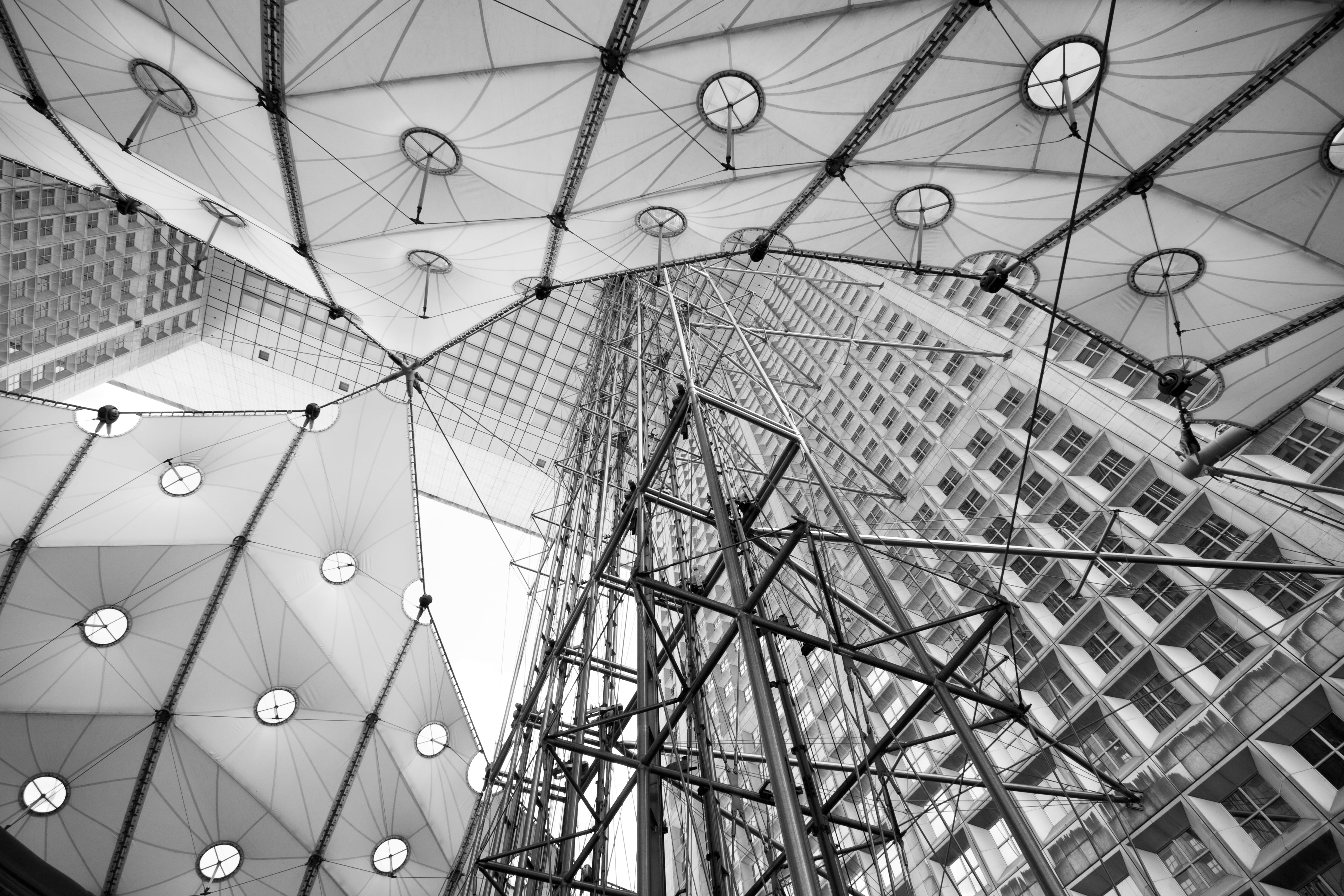 hanging, ferris wheel, ceiling, architecture, day, amusement park ride, metal, no people, windows, building, la défense, paris, modern, design, lift, elevator, HD Wallpaper