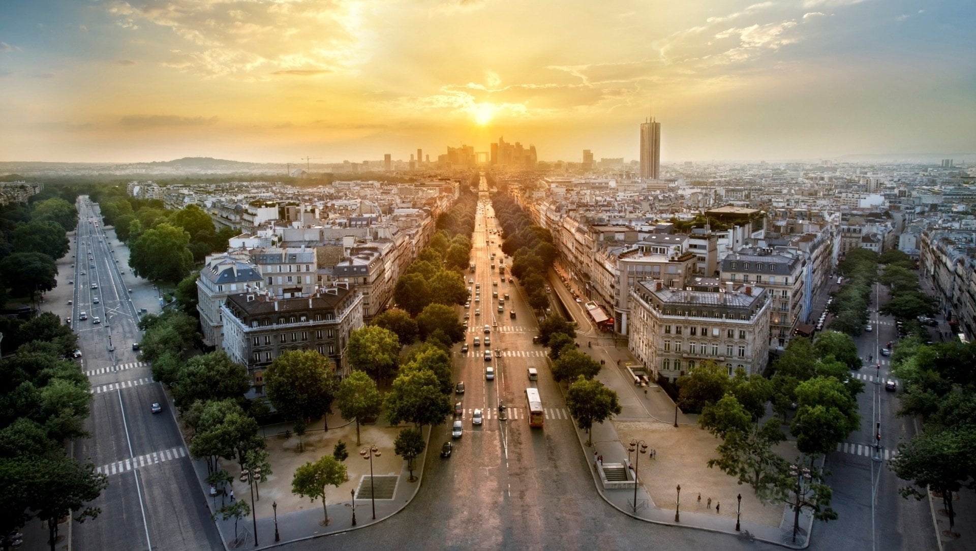 tree, La Défense, city, outdoors, built structure, Sunset, building, France, nature, Cities, sky, cityscape, building exterior, residential district, street, HD Wallpaper