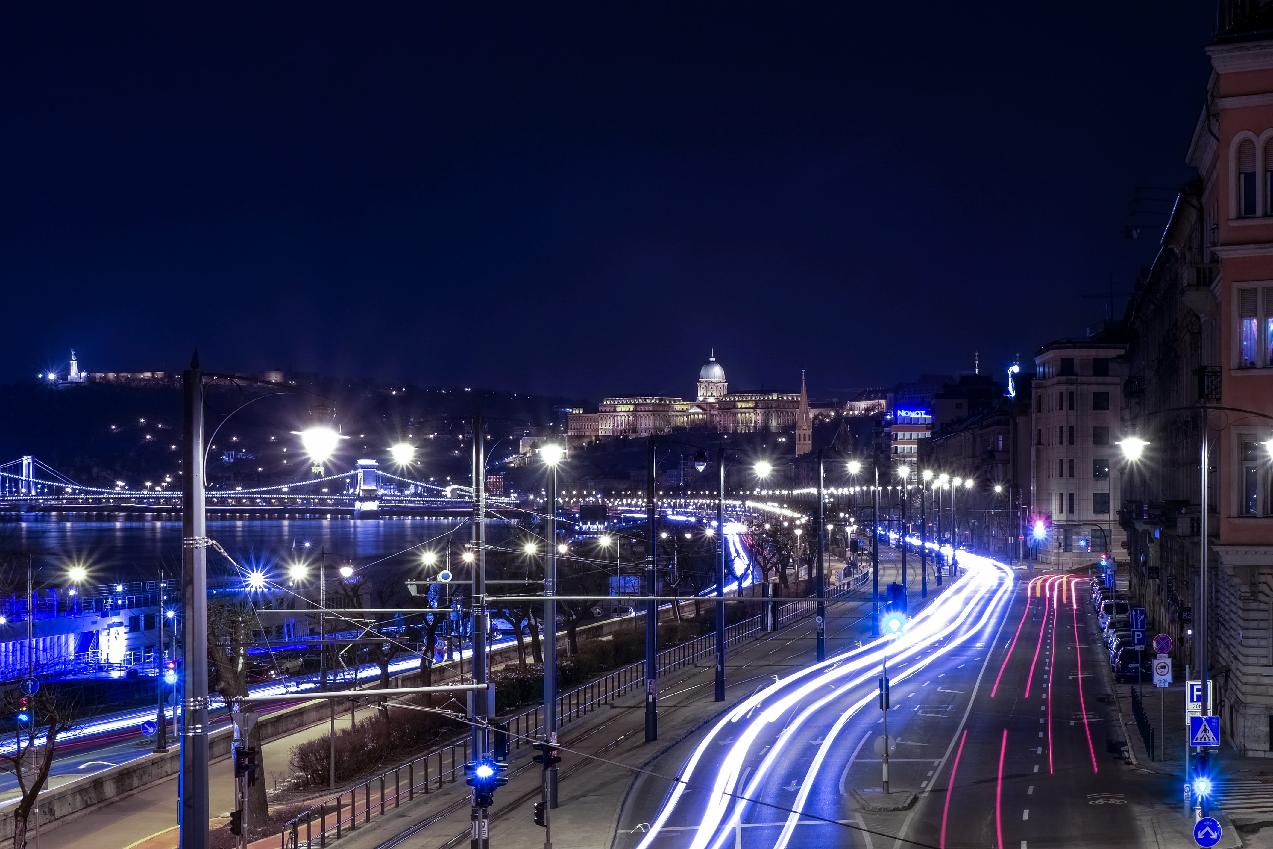 traffic, the transportation system, speed, multiple lane highway, heavy, water, stream, night, light, outdoors, no people, building exterior, machine, transportation, HD Wallpaper