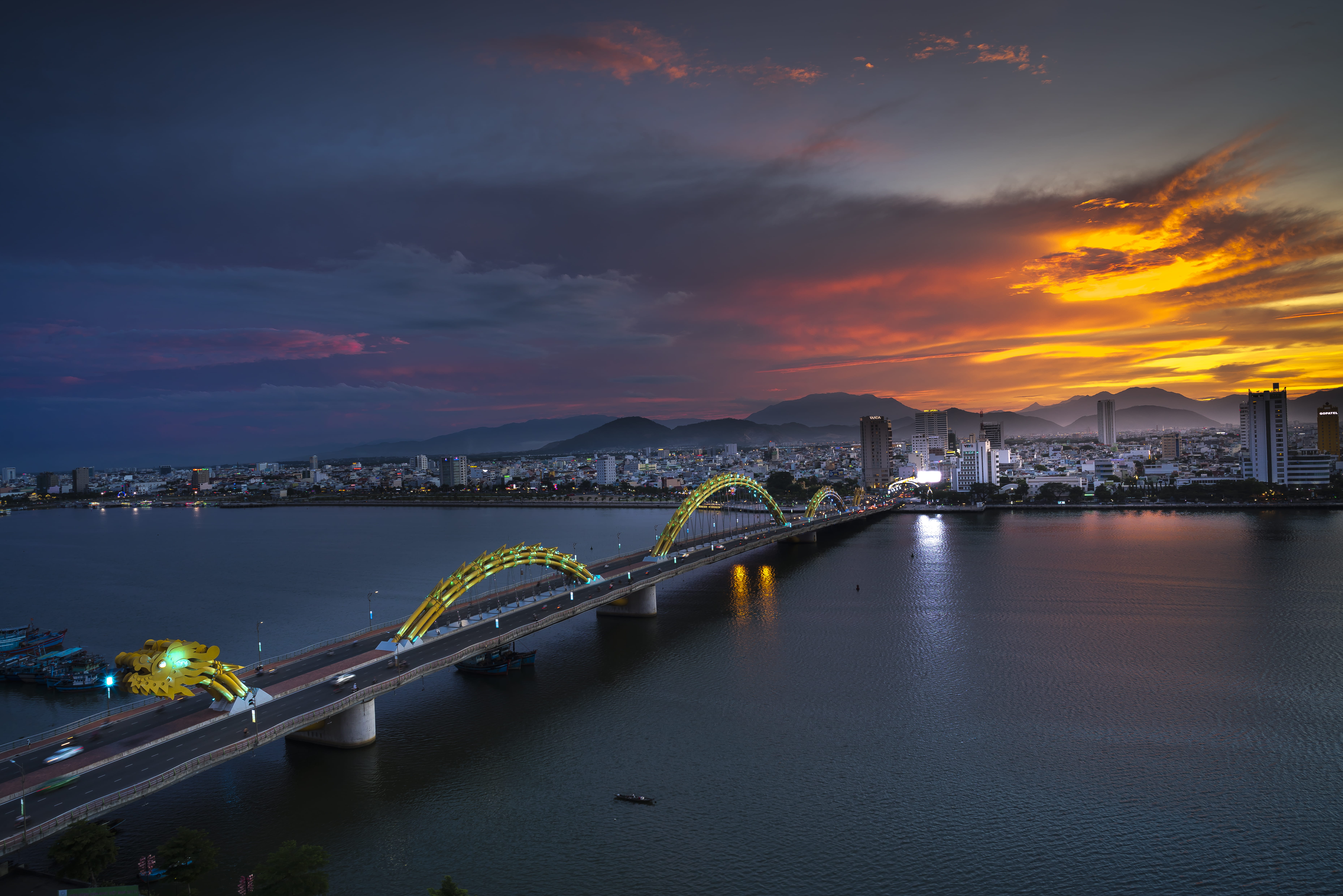 city, transportation, cityscape, cloud - sky, outdoors, sea, skyscraper, transportation system, eye, river, city lights, built structure, night, bridge, HD Wallpaper
